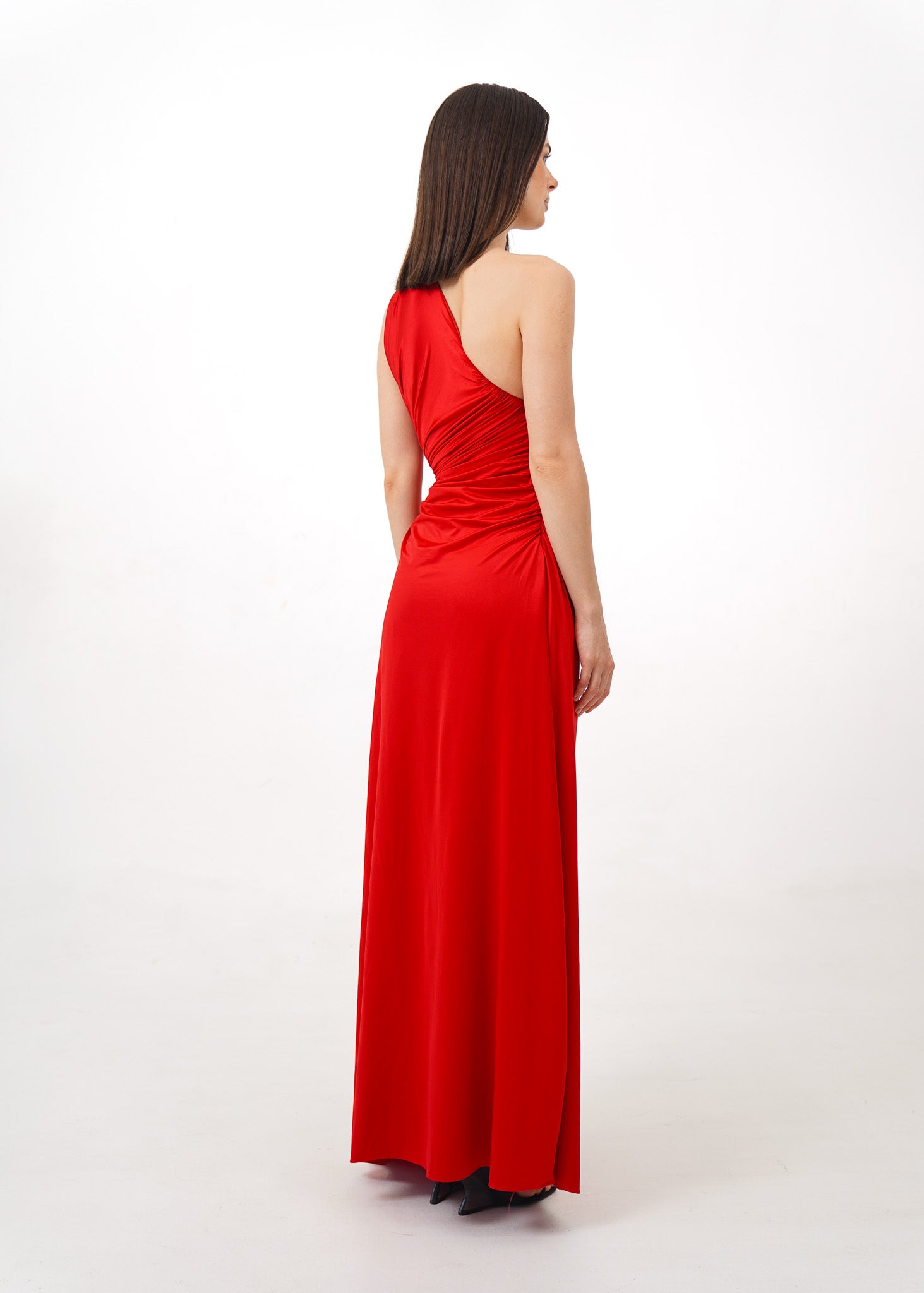 Red One Shoulder Ruched Gown