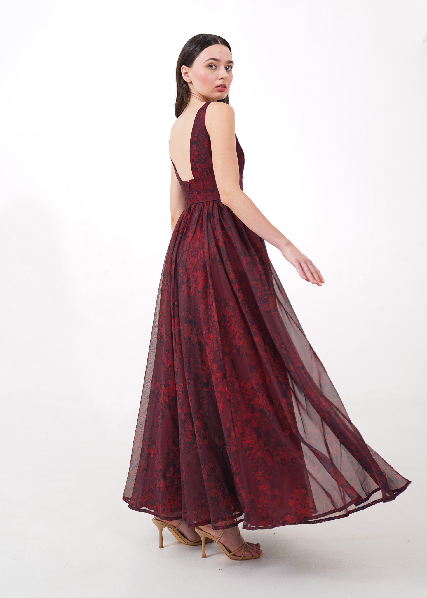 Maroon Print Chiffon gown