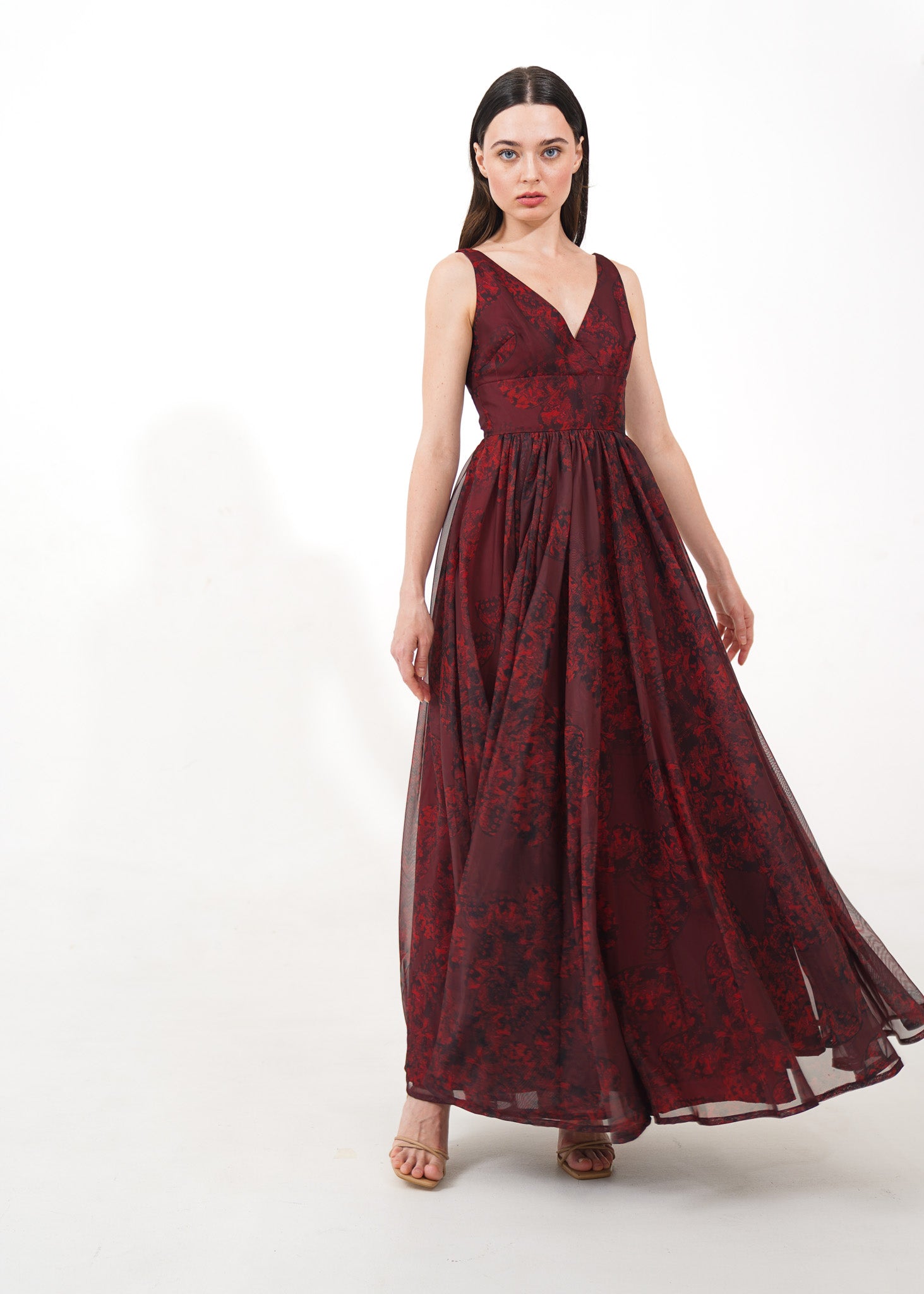 Maroon Print Chiffon gown