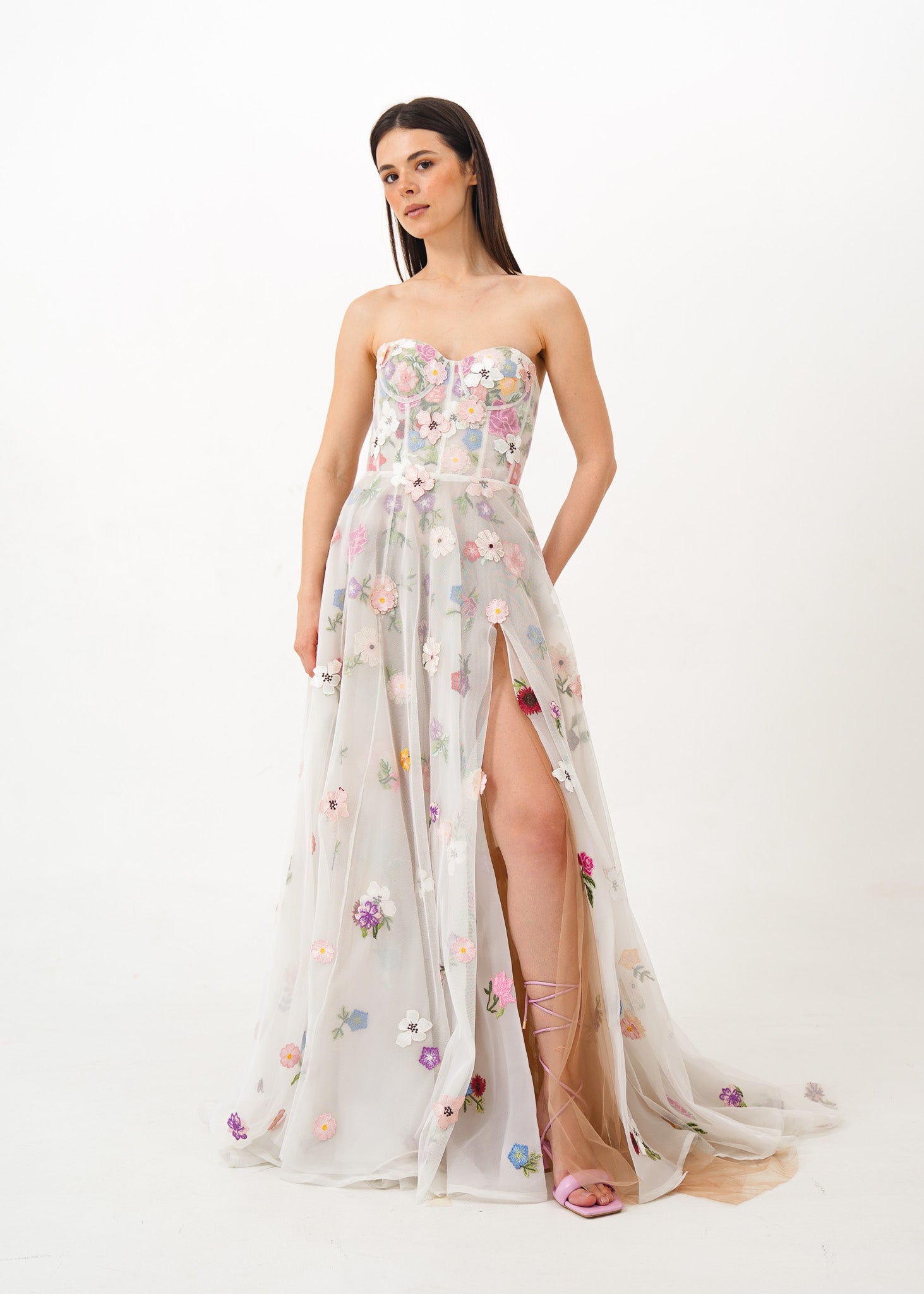 White Corset Gown with Floral Appliques
