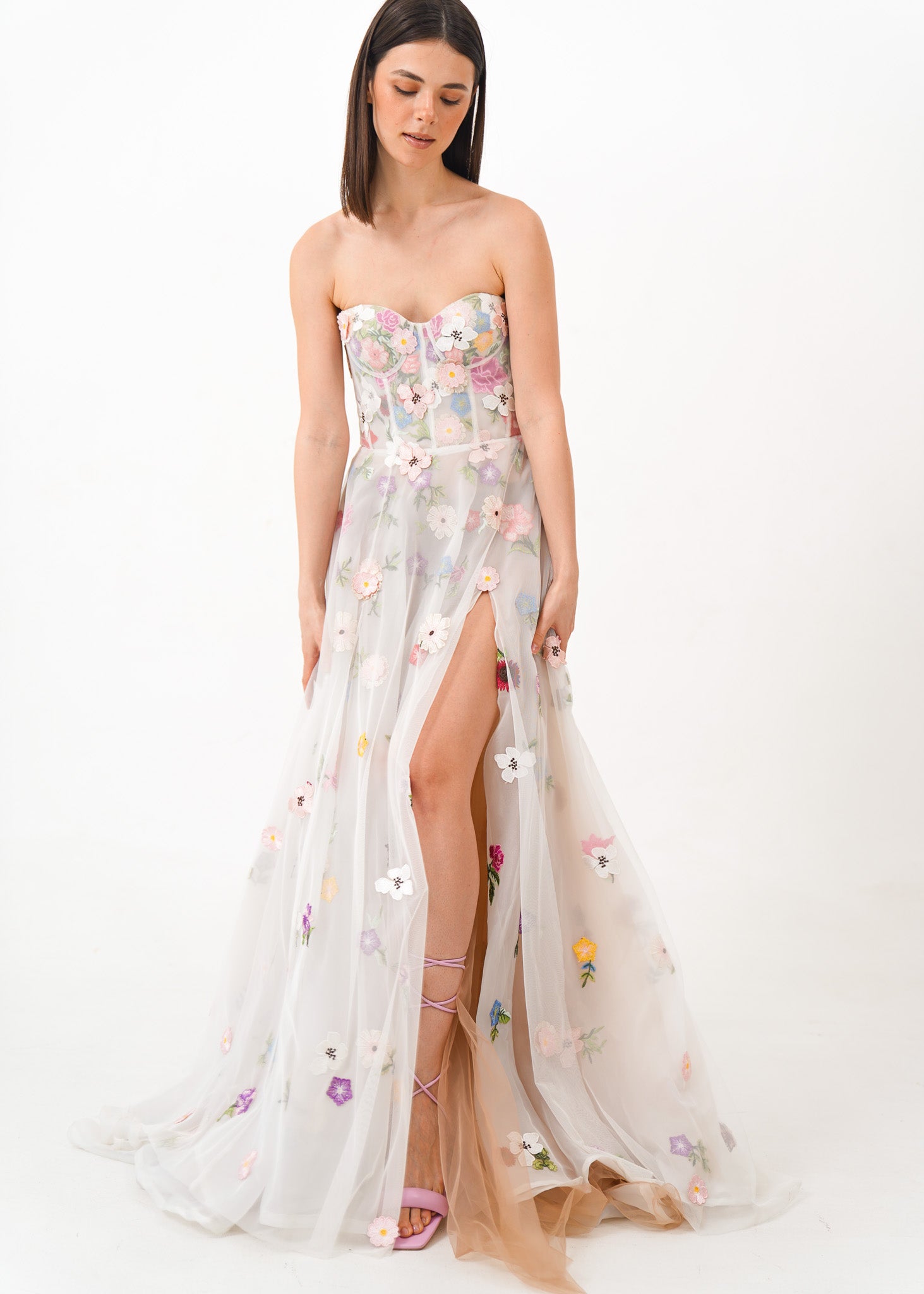 White Corset Gown with Floral Appliques