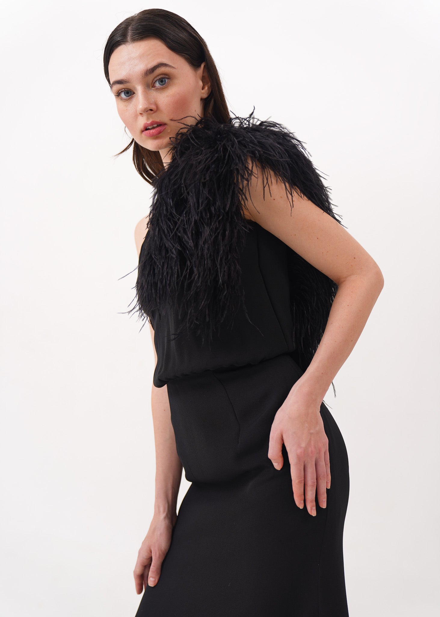 Black One Shoulder Gown with Feather Detail