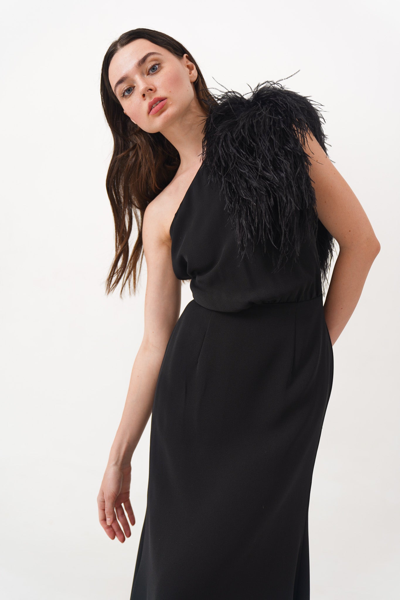 Black One Shoulder Gown with Feather Detail