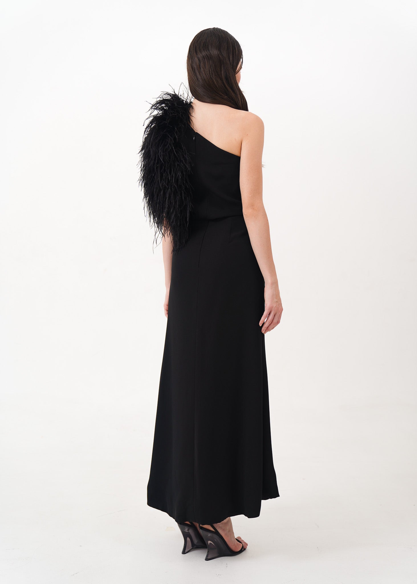 Black One Shoulder Gown with Feather Detail