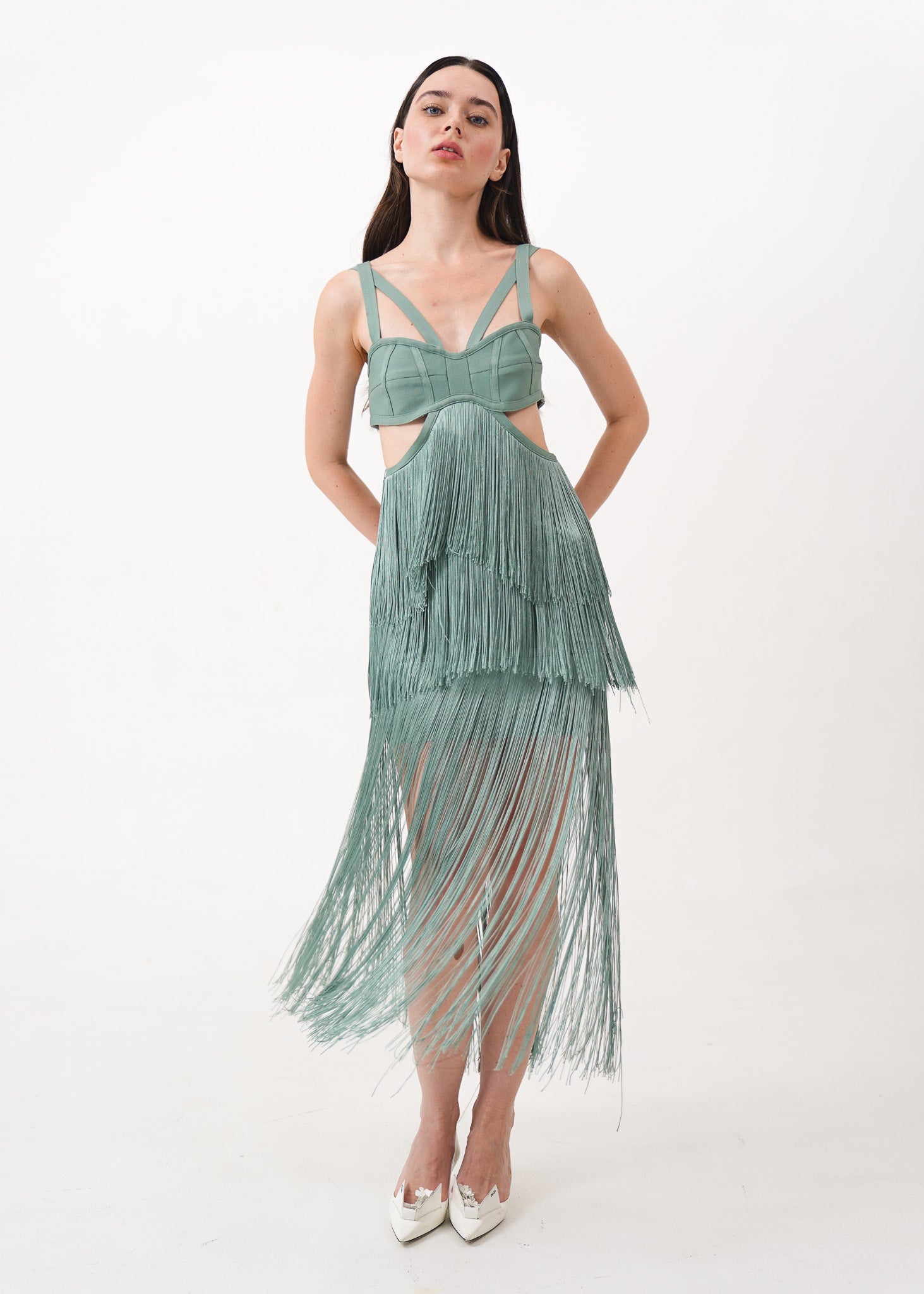 Seafoam Fringe Cut-out Dress