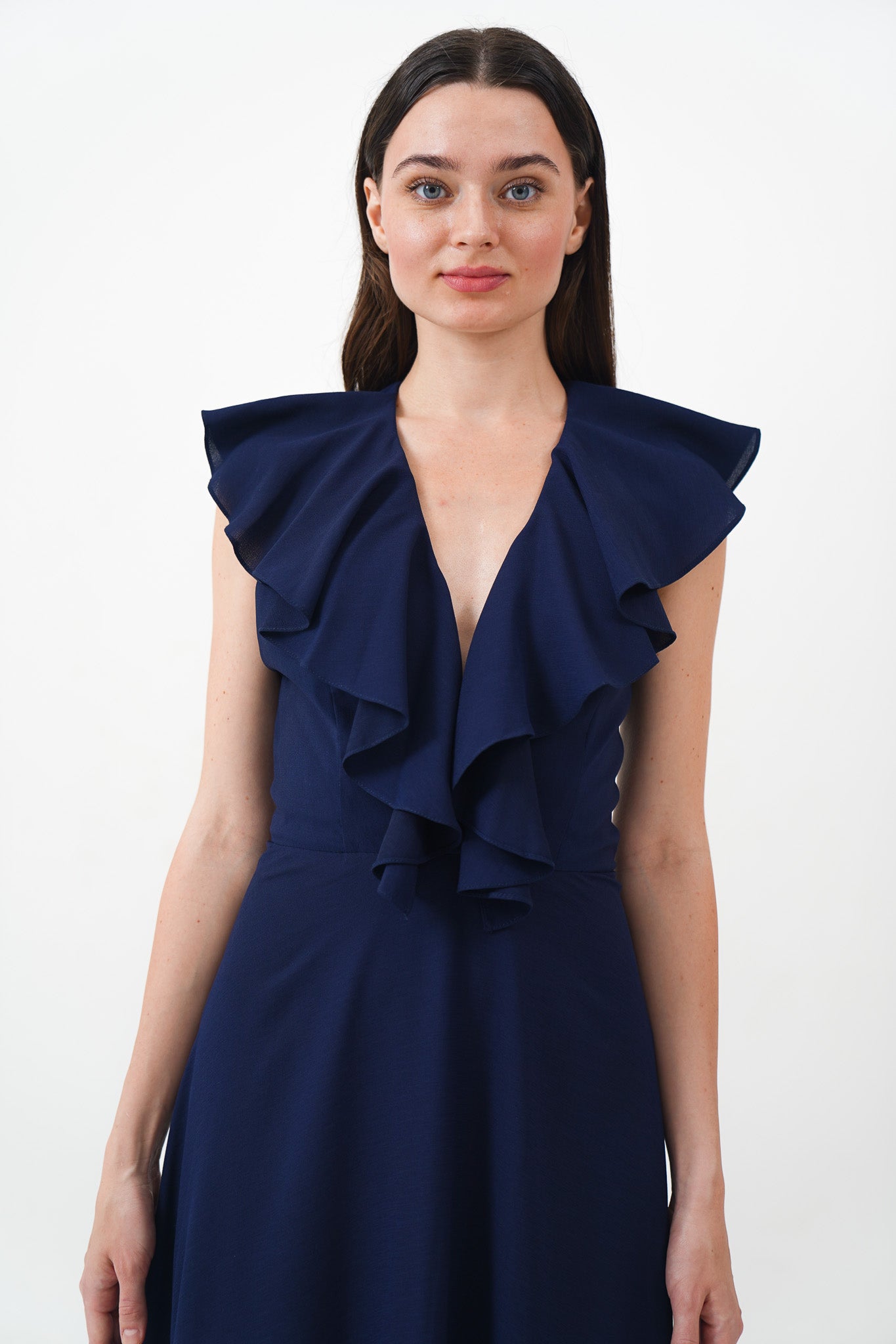Navy Blue Deep V Ruffle Dress
