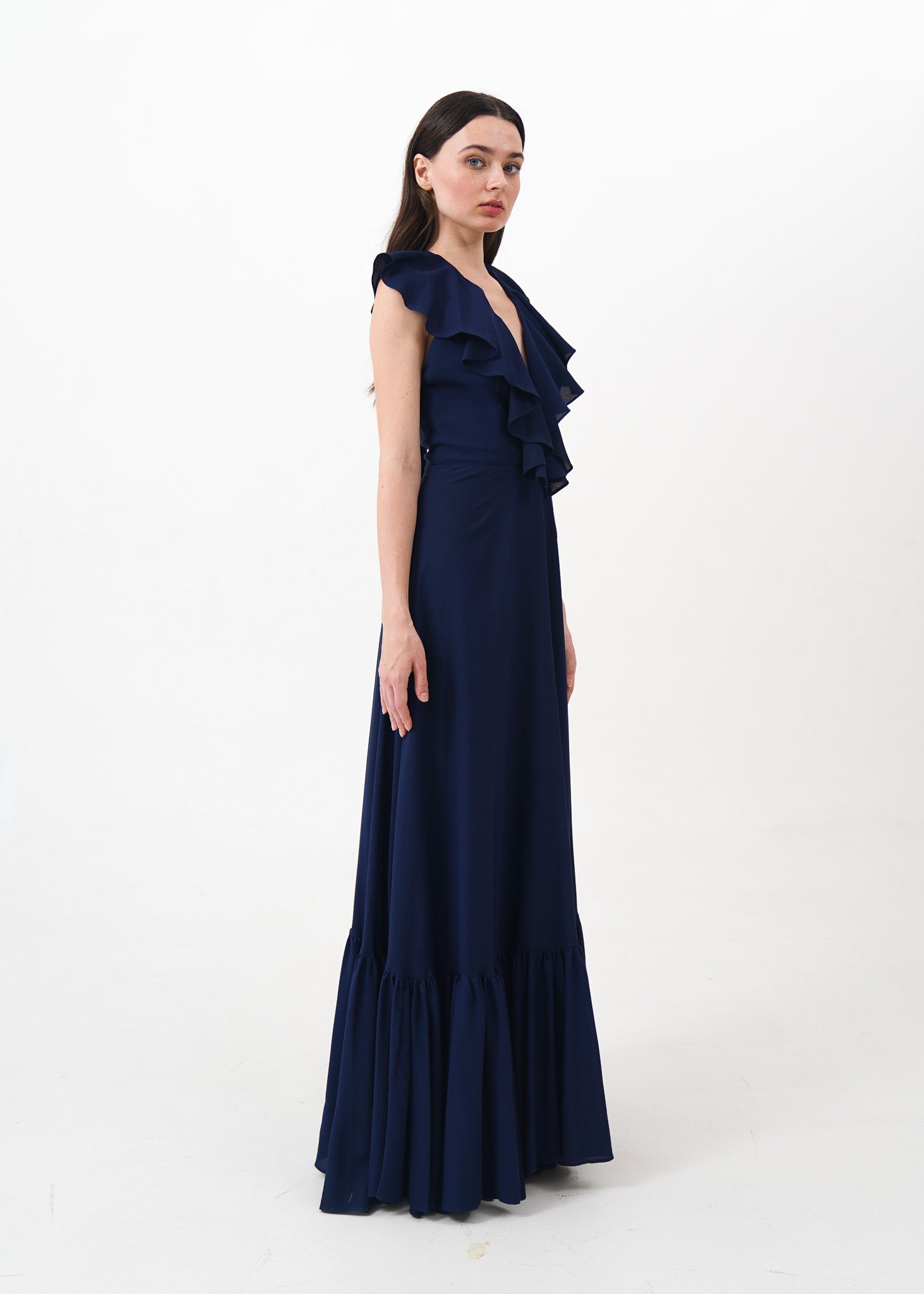 Navy Blue Deep V Ruffle Dress