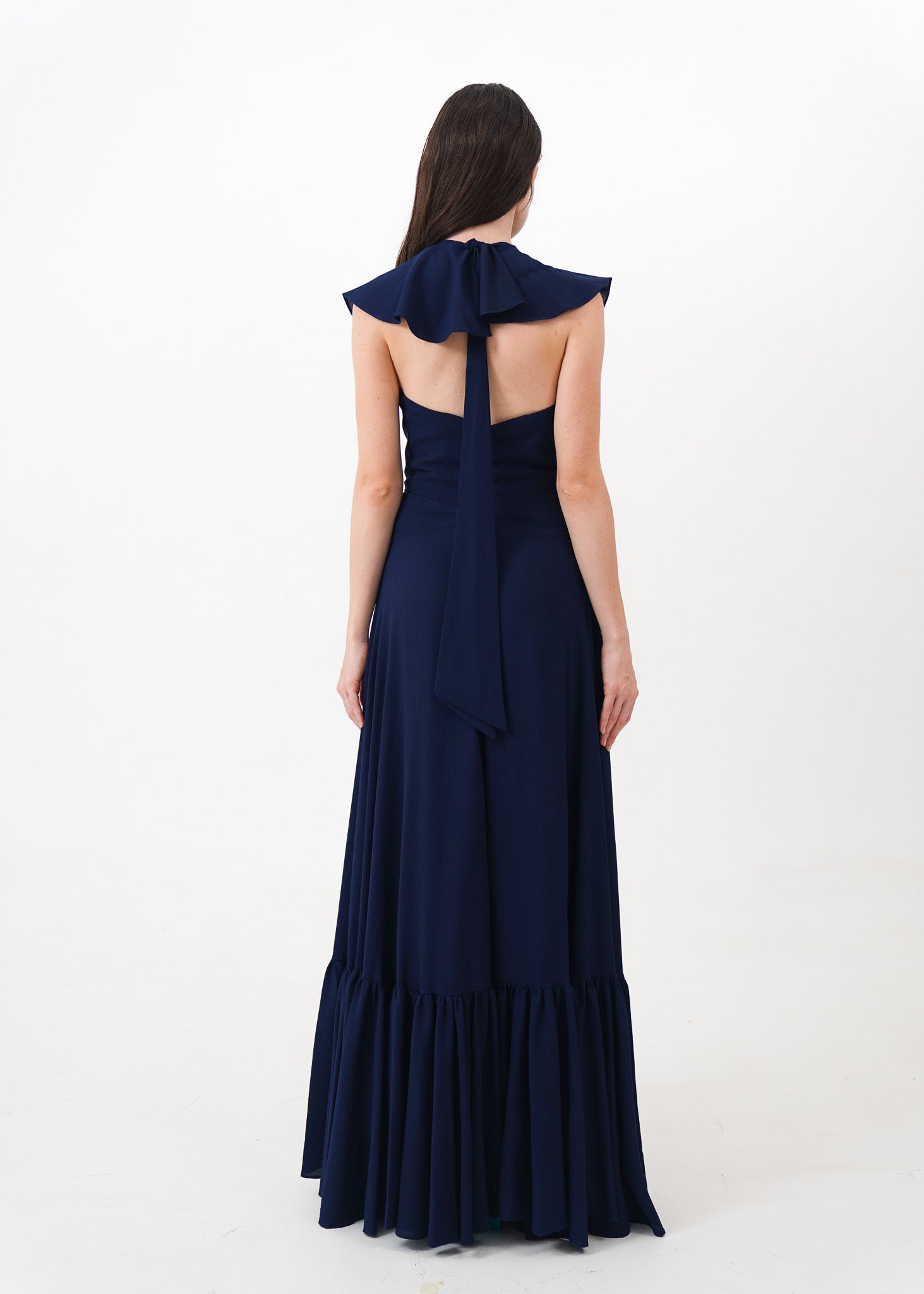 Navy Blue Deep V Ruffle Dress