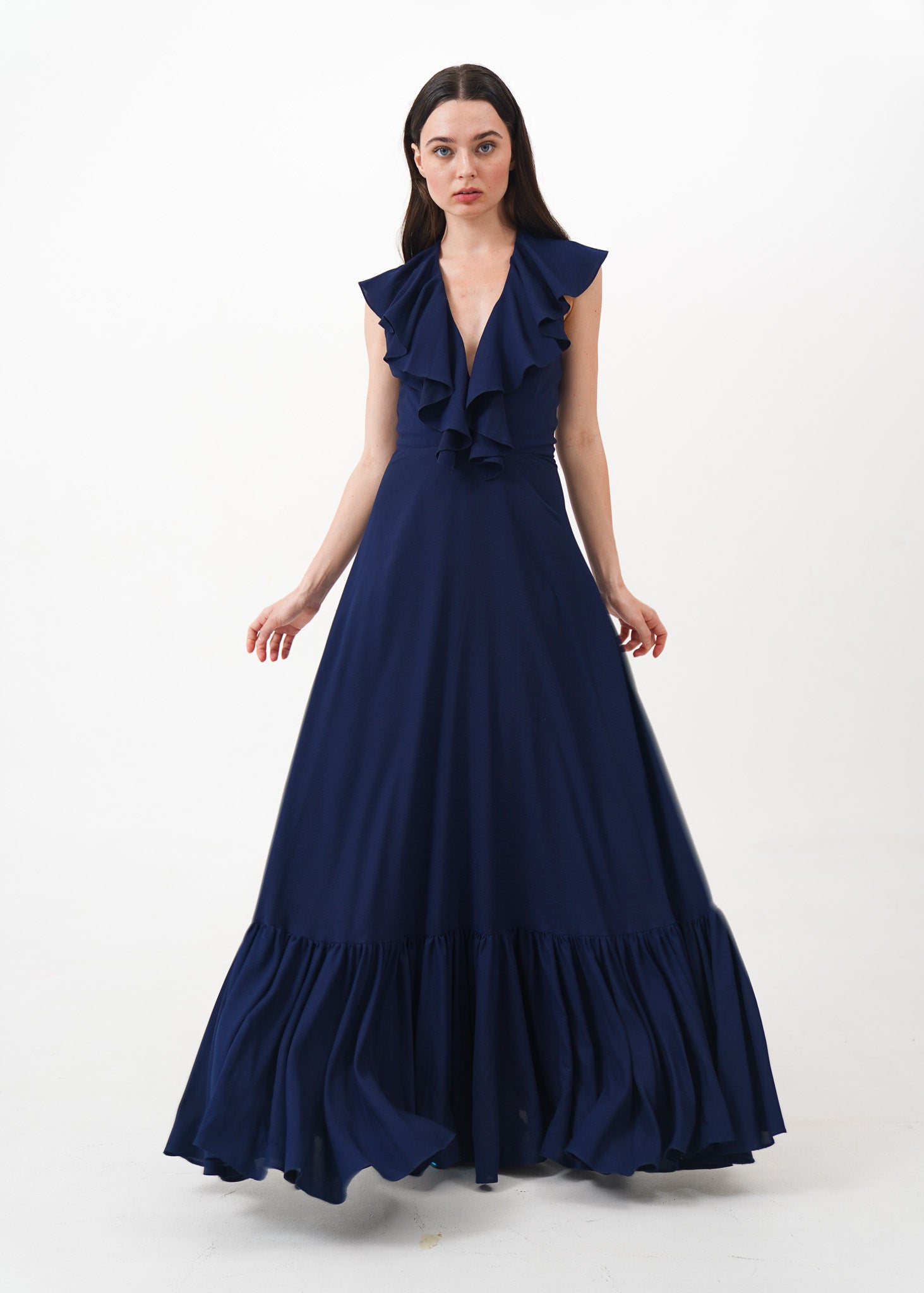Navy Blue Deep V Ruffle Dress