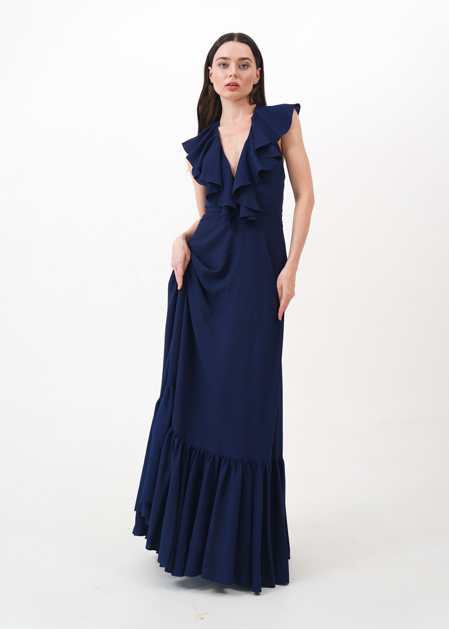 Navy Blue Deep V Ruffle Dress