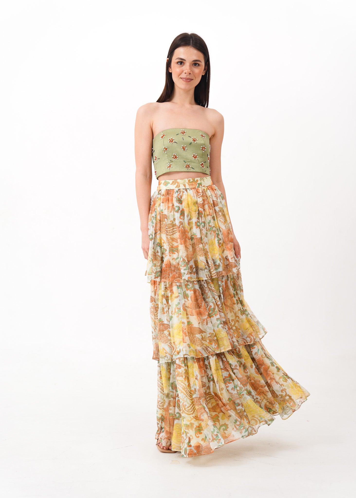 Floral Beaded Top and Tiered Skirt Set