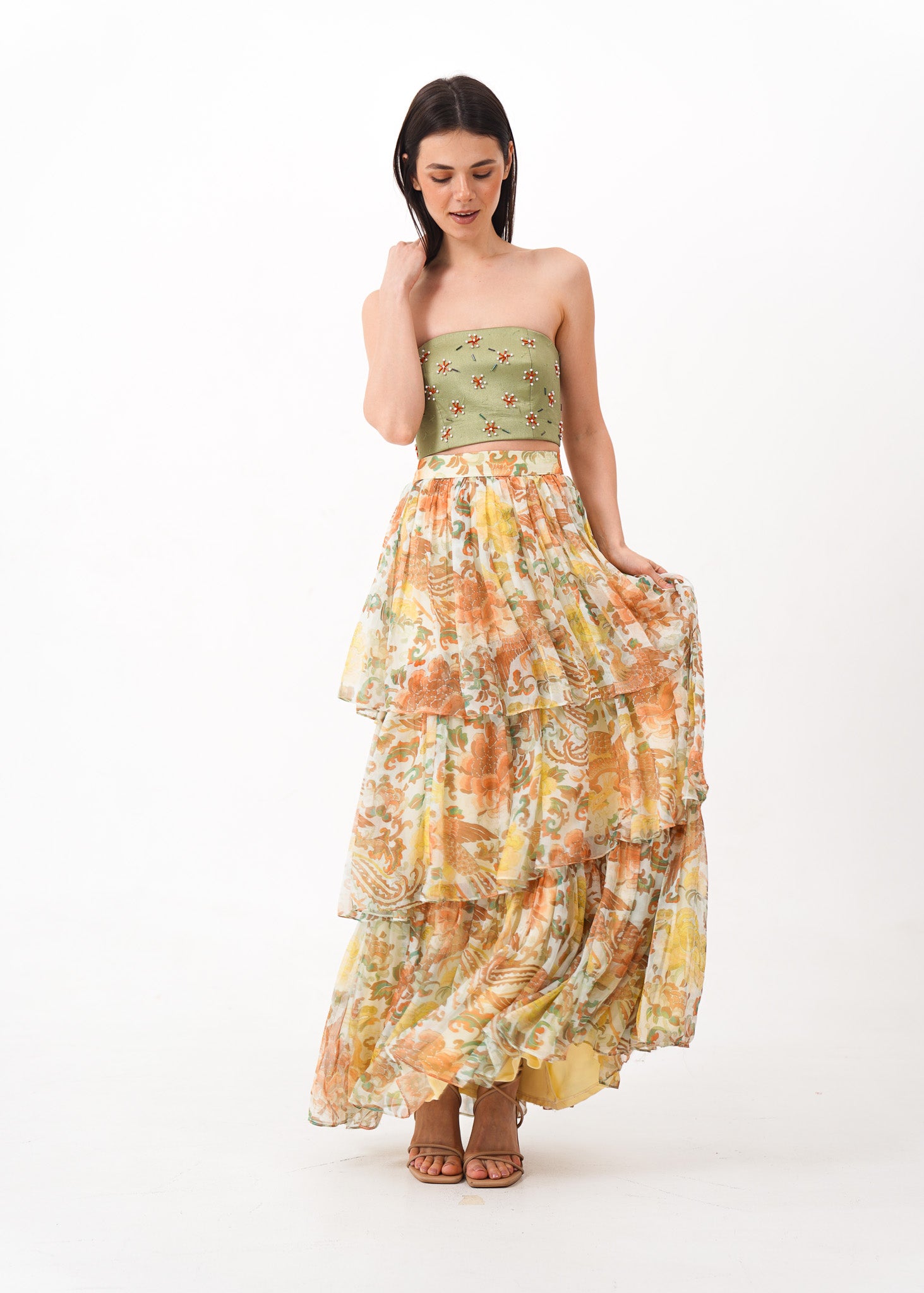 Floral Beaded Top and Tiered Skirt Set