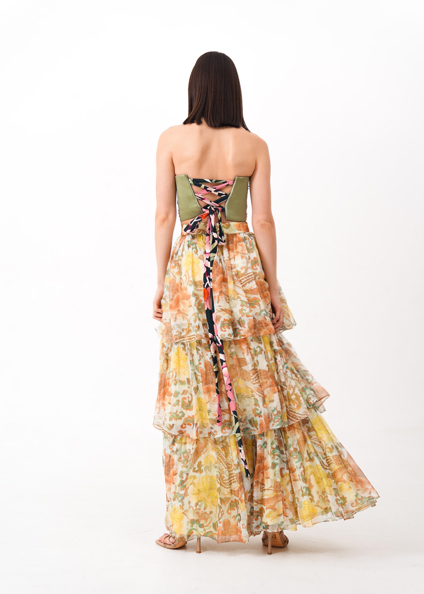 Floral Beaded Top and Tiered Skirt Set