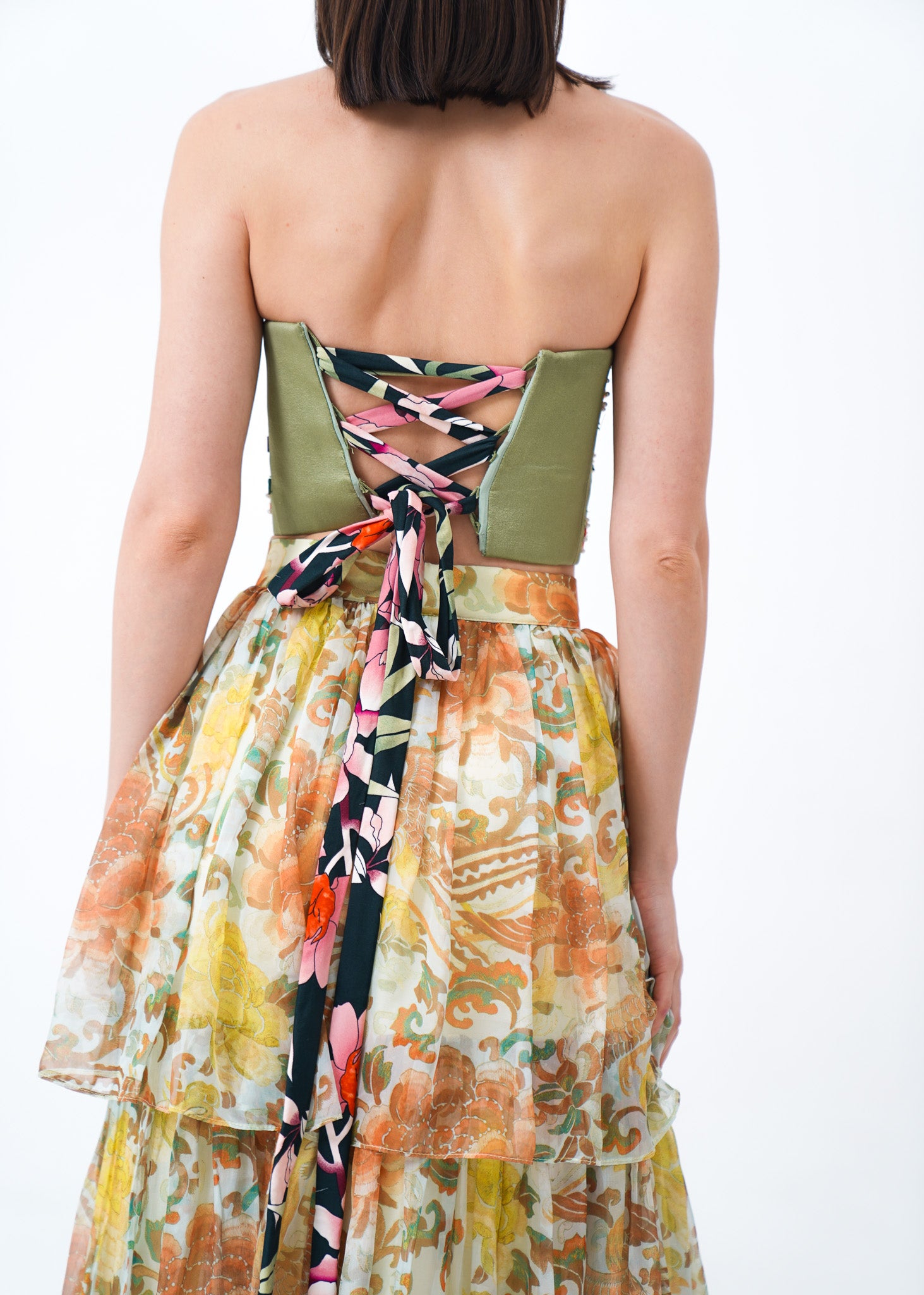 Floral Beaded Top and Tiered Skirt Set