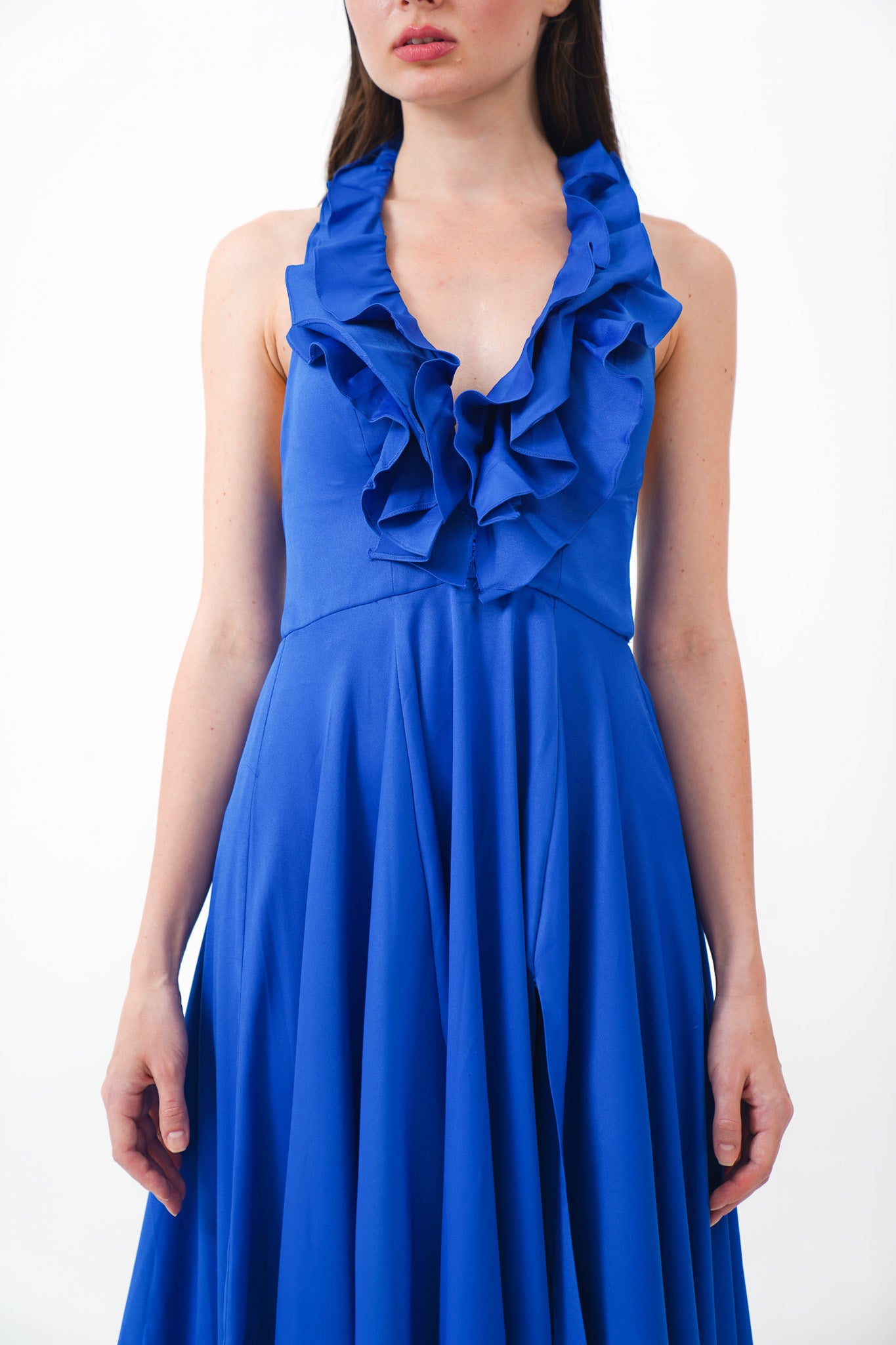 Blue Deep V Ruffle Dress with Slit