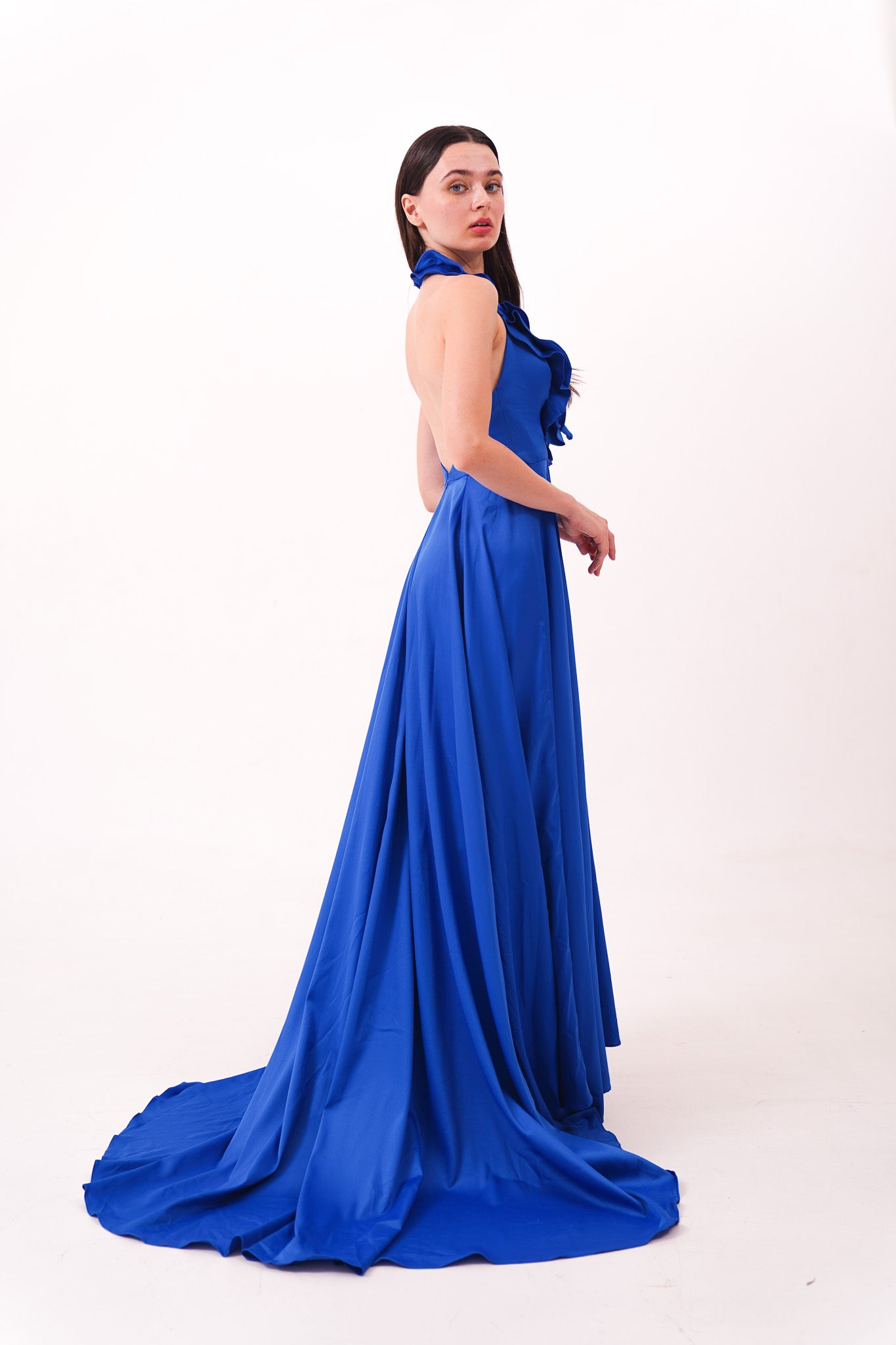 Blue Deep V Ruffle Dress with Slit