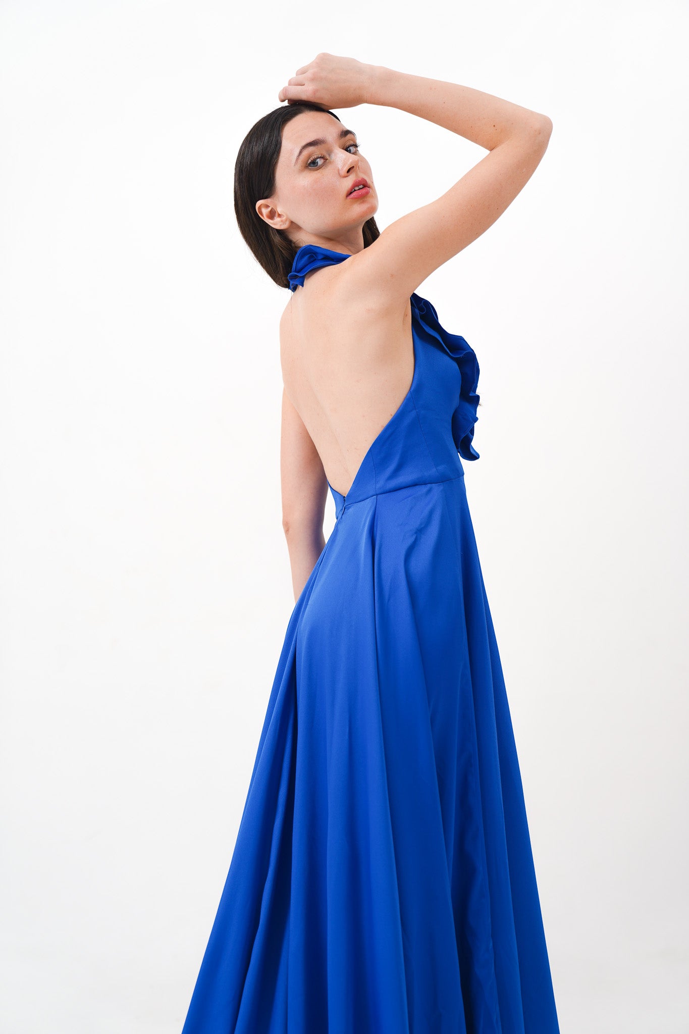 Blue Deep V Ruffle Dress with Slit