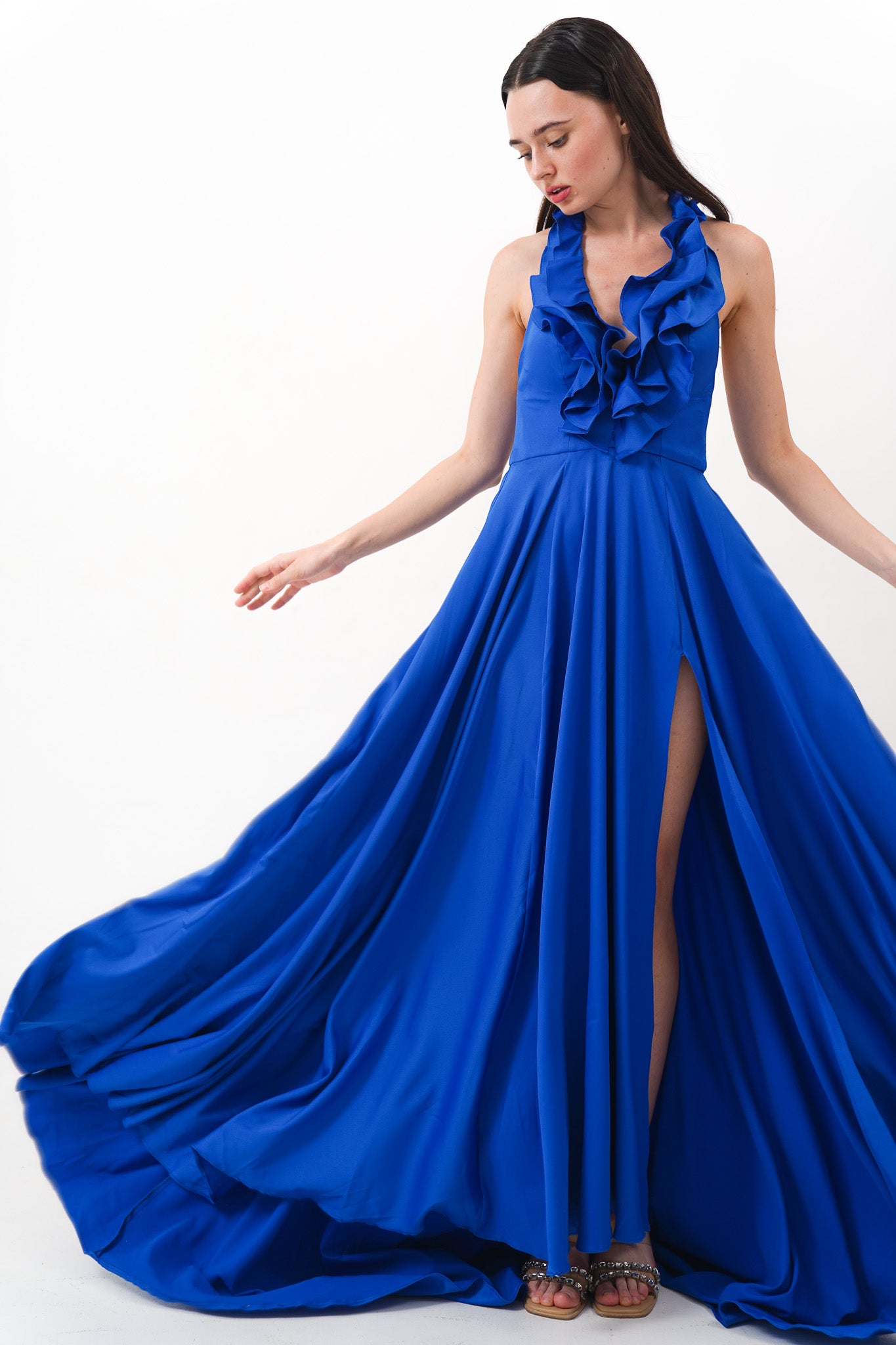 Blue Deep V Ruffle Dress with Slit