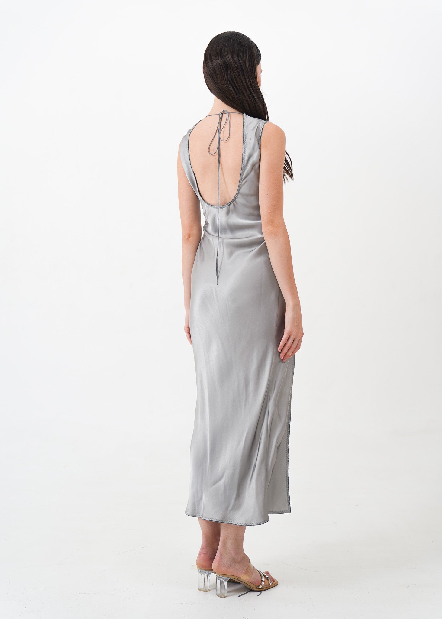 Silver Silk Dress with Slit and Cut-Out Detail