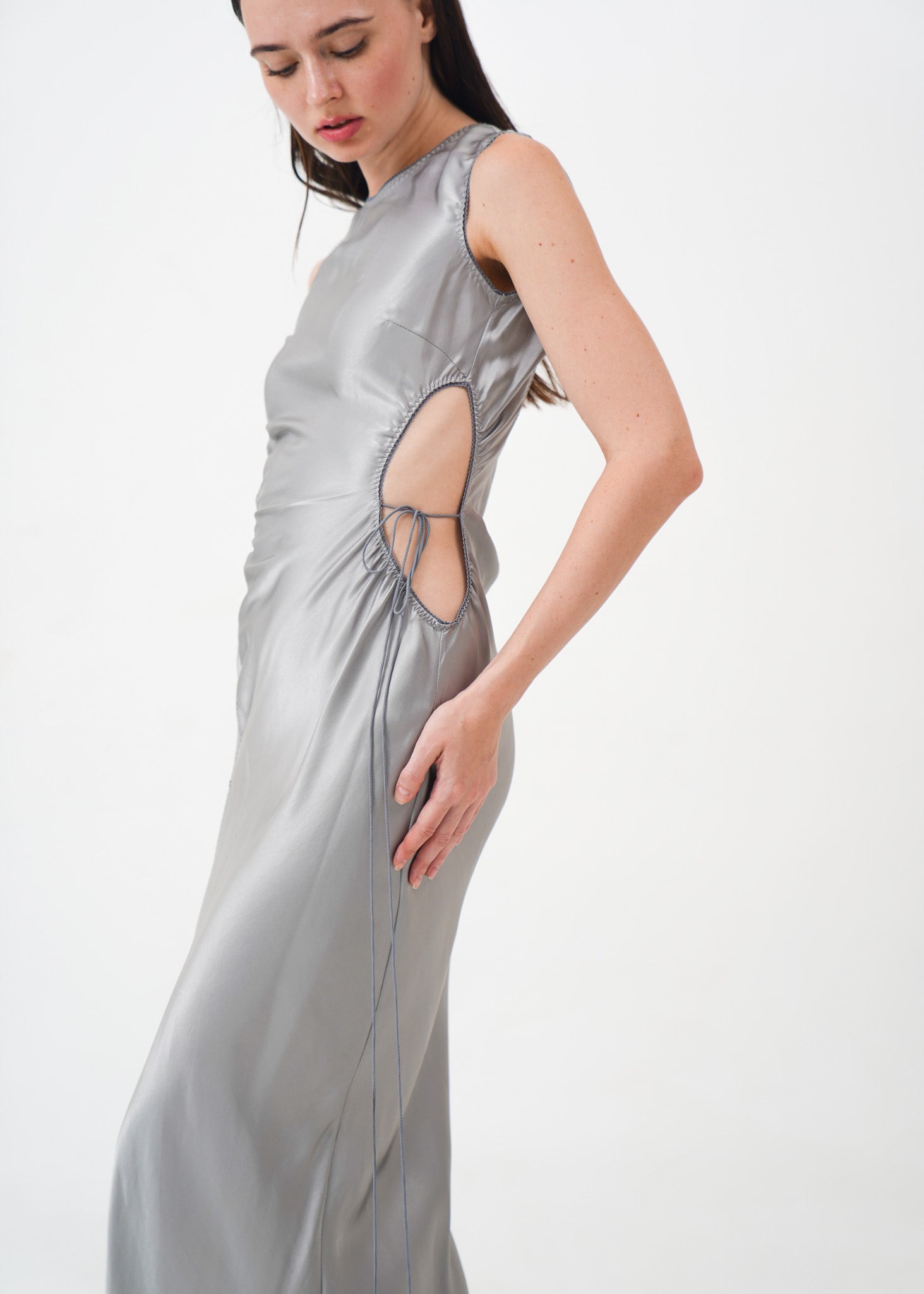 Silver Silk Dress with Slit and Cut-Out Detail
