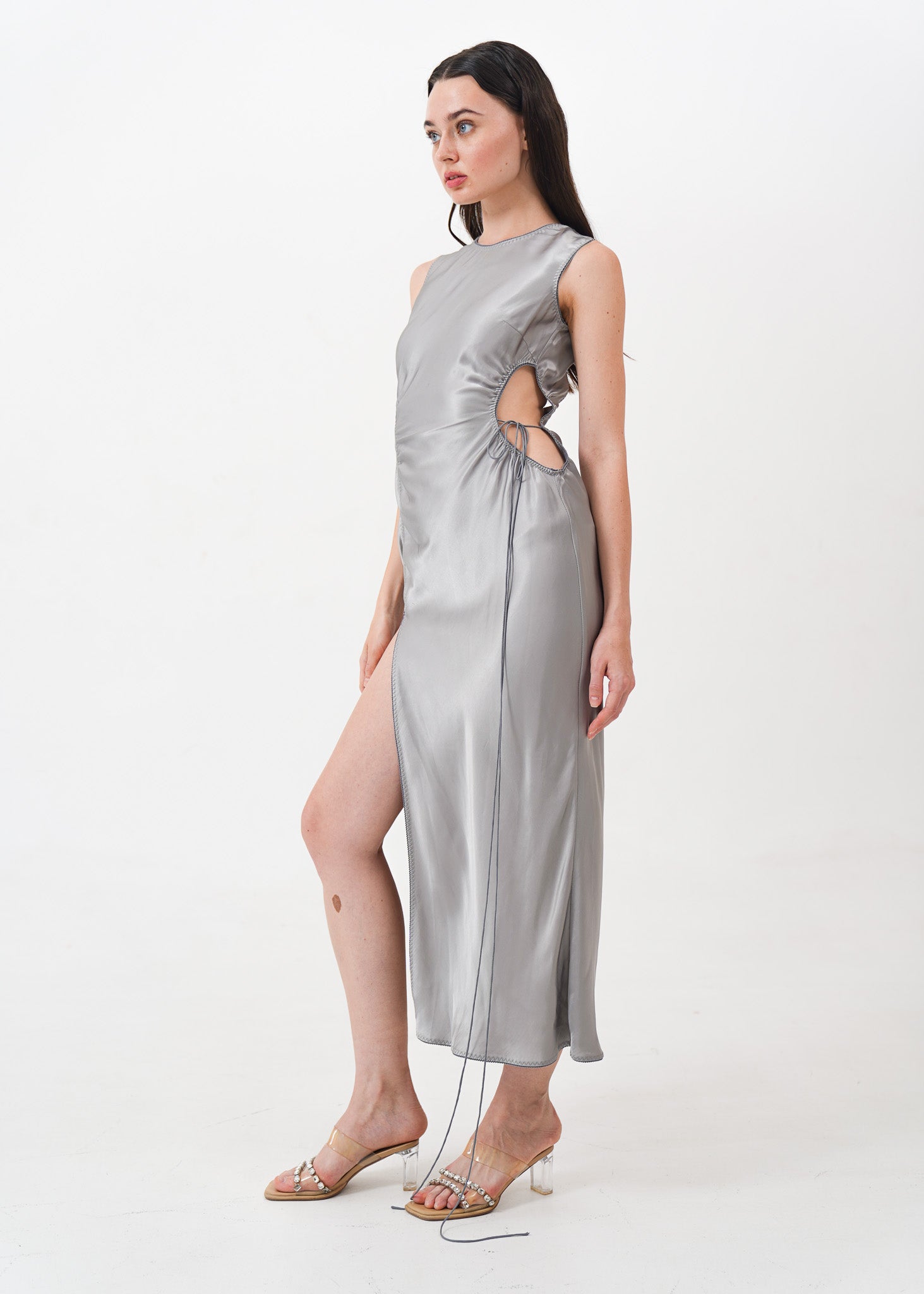 Silver Silk Dress with Slit and Cut-Out Detail