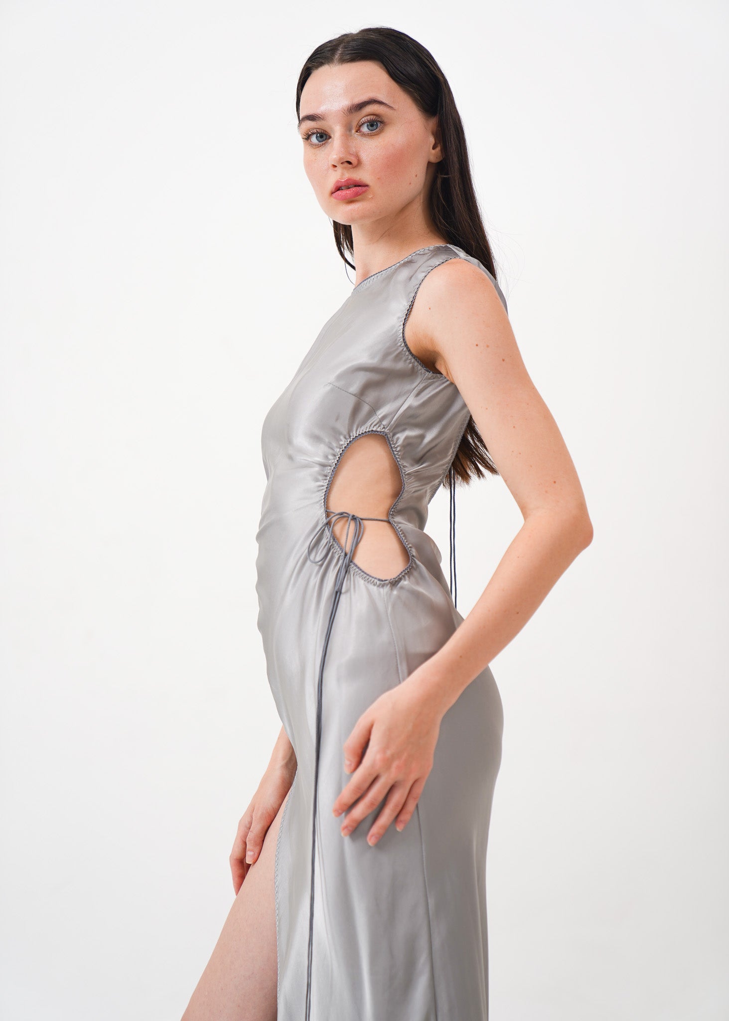 Silver Silk Dress with Slit and Cut-Out Detail