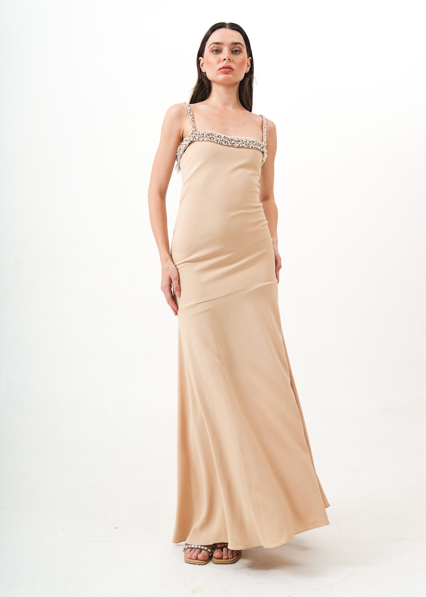 Nude Crepe Dress w Pearl detail