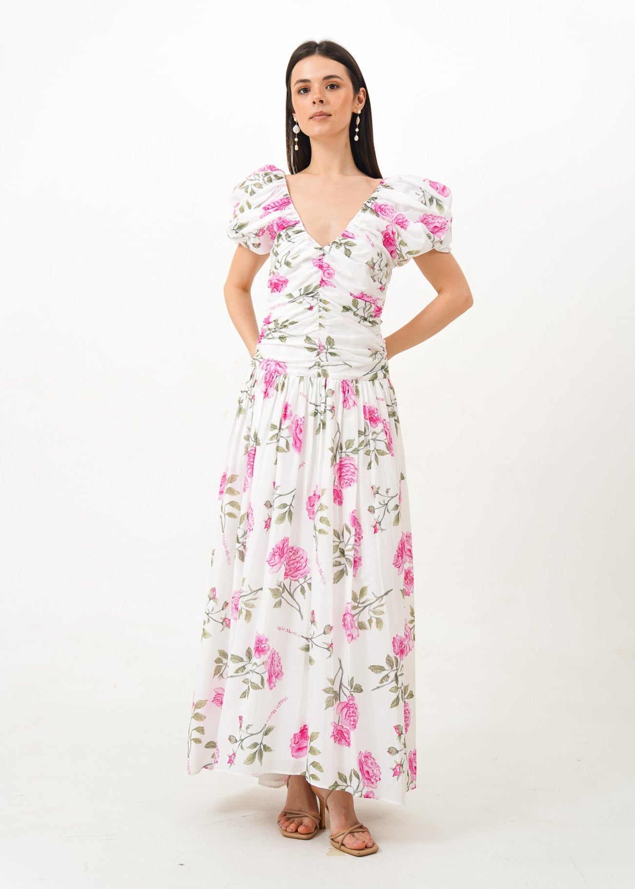 White Puff Sleeve Dress with Pink Floral Details