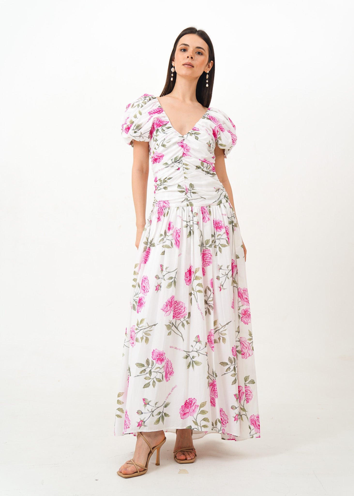 White Puff Sleeve Dress with Pink Floral Details