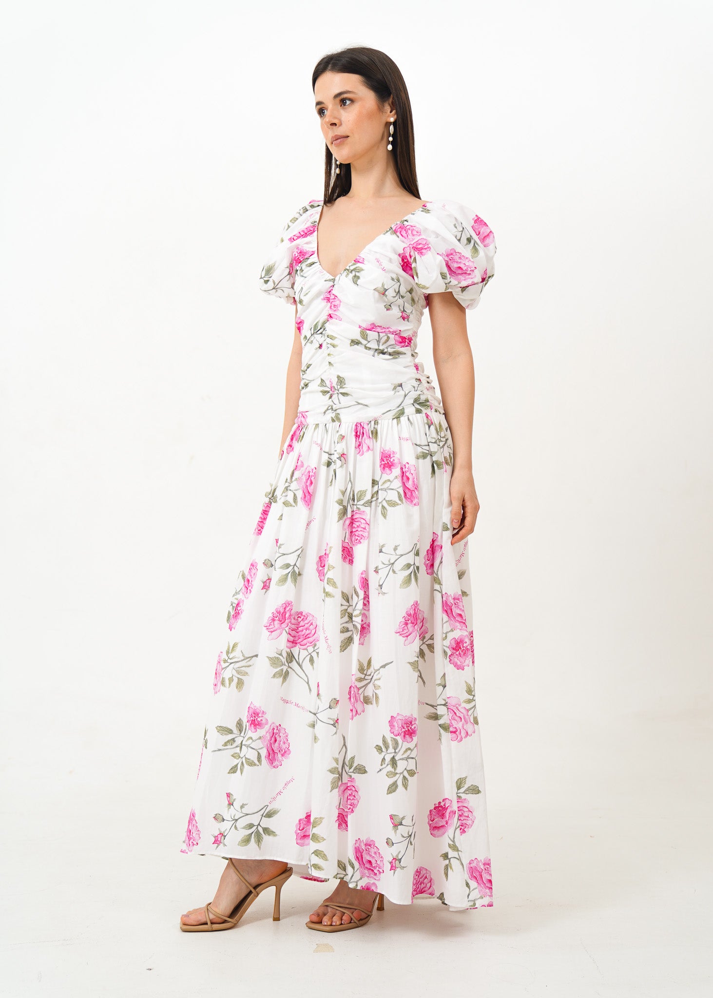 White Puff Sleeve Dress with Pink Floral Details