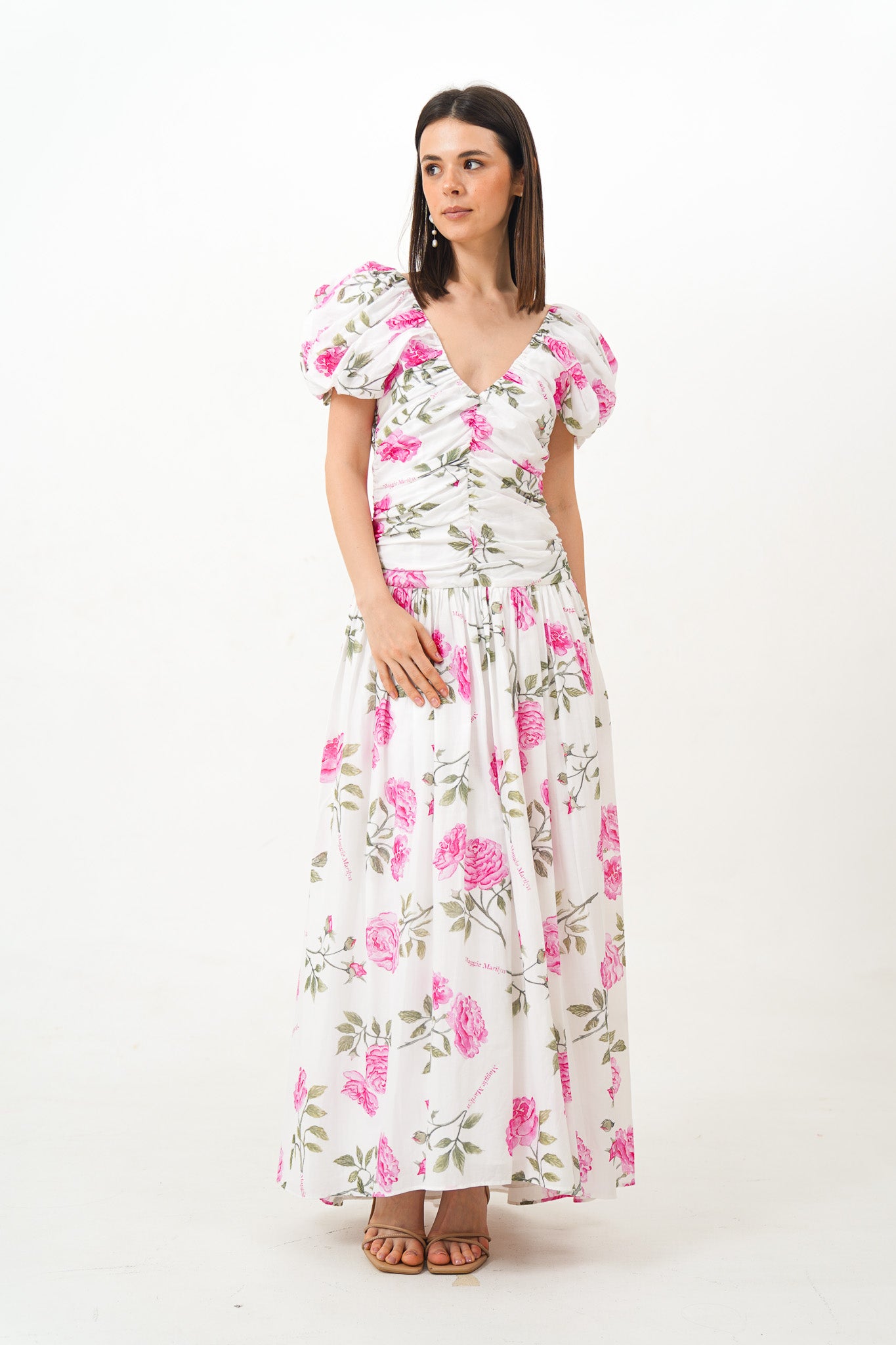 White Puff Sleeve Dress with Pink Floral Details