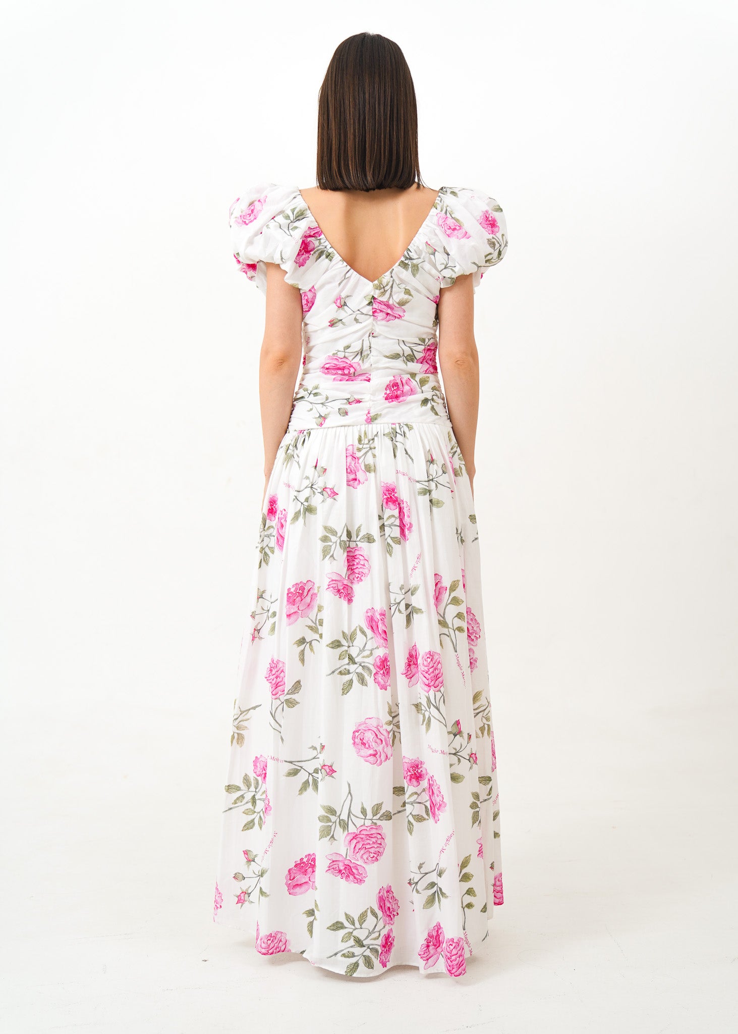 White Puff Sleeve Dress with Pink Floral Details