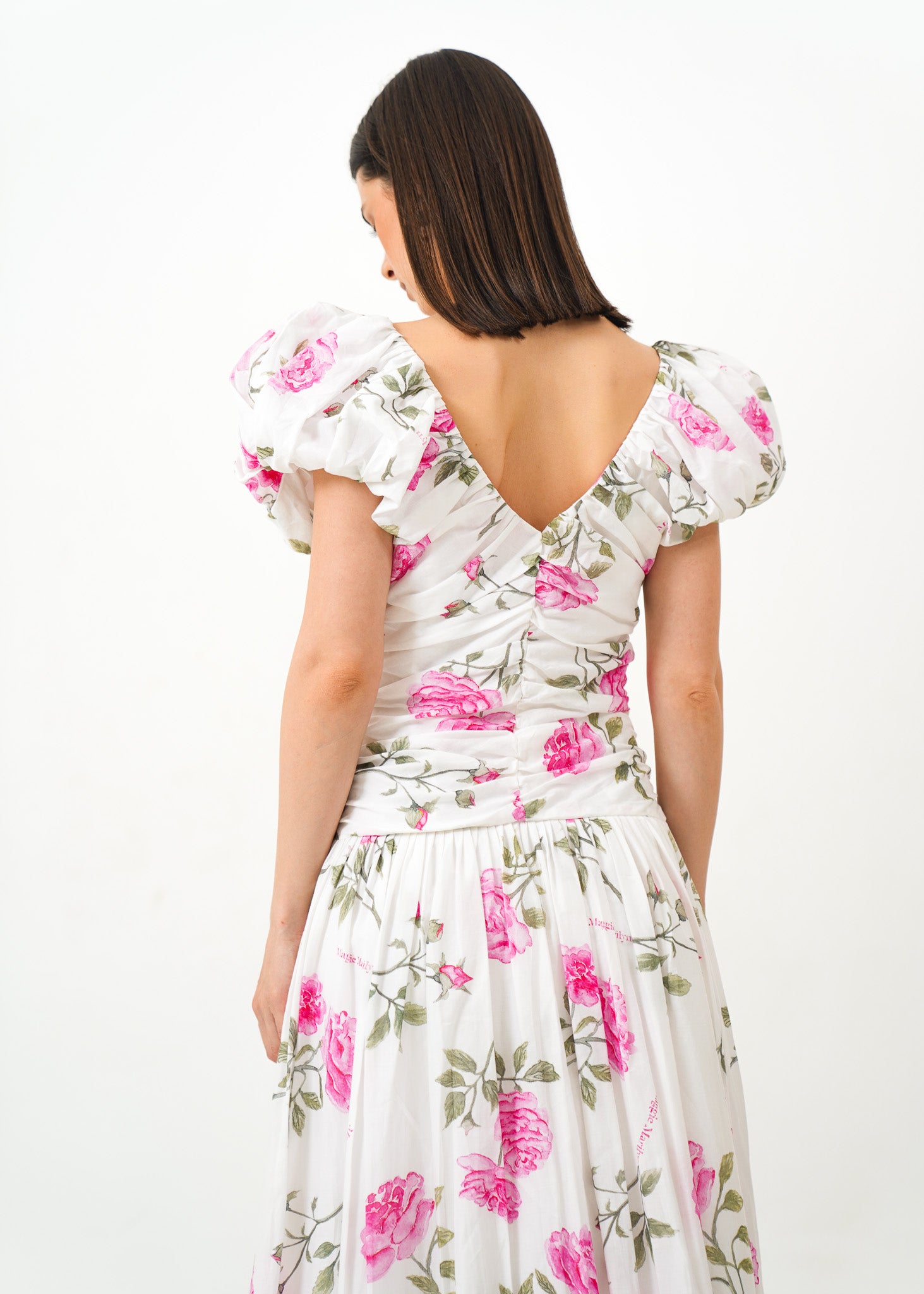White Puff Sleeve Dress with Pink Floral Details