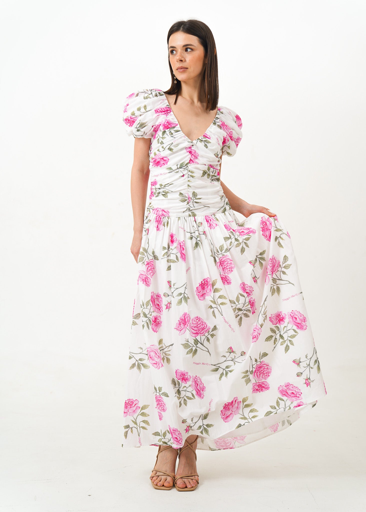 White Puff Sleeve Dress with Pink Floral Details
