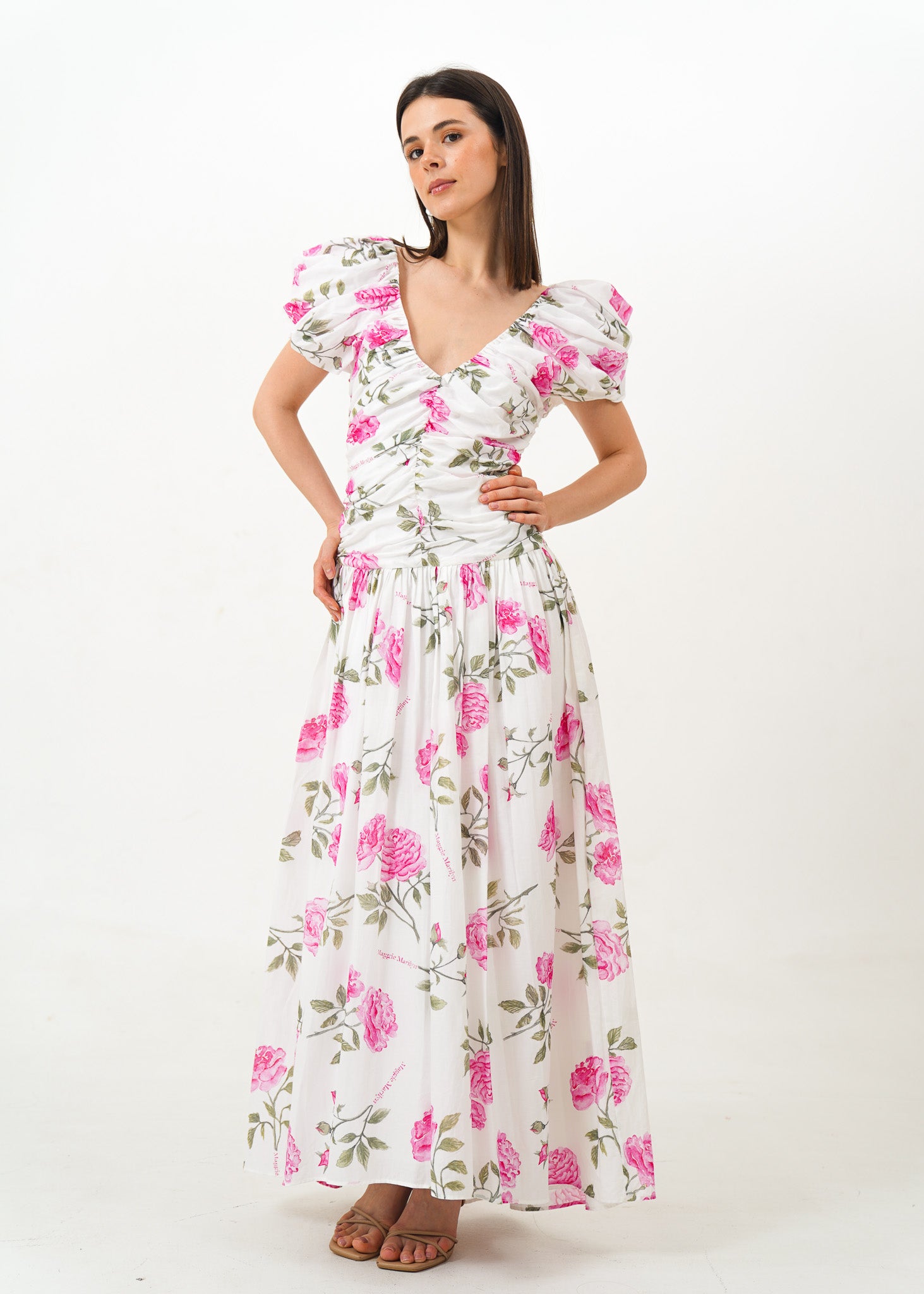White Puff Sleeve Dress with Pink Floral Details