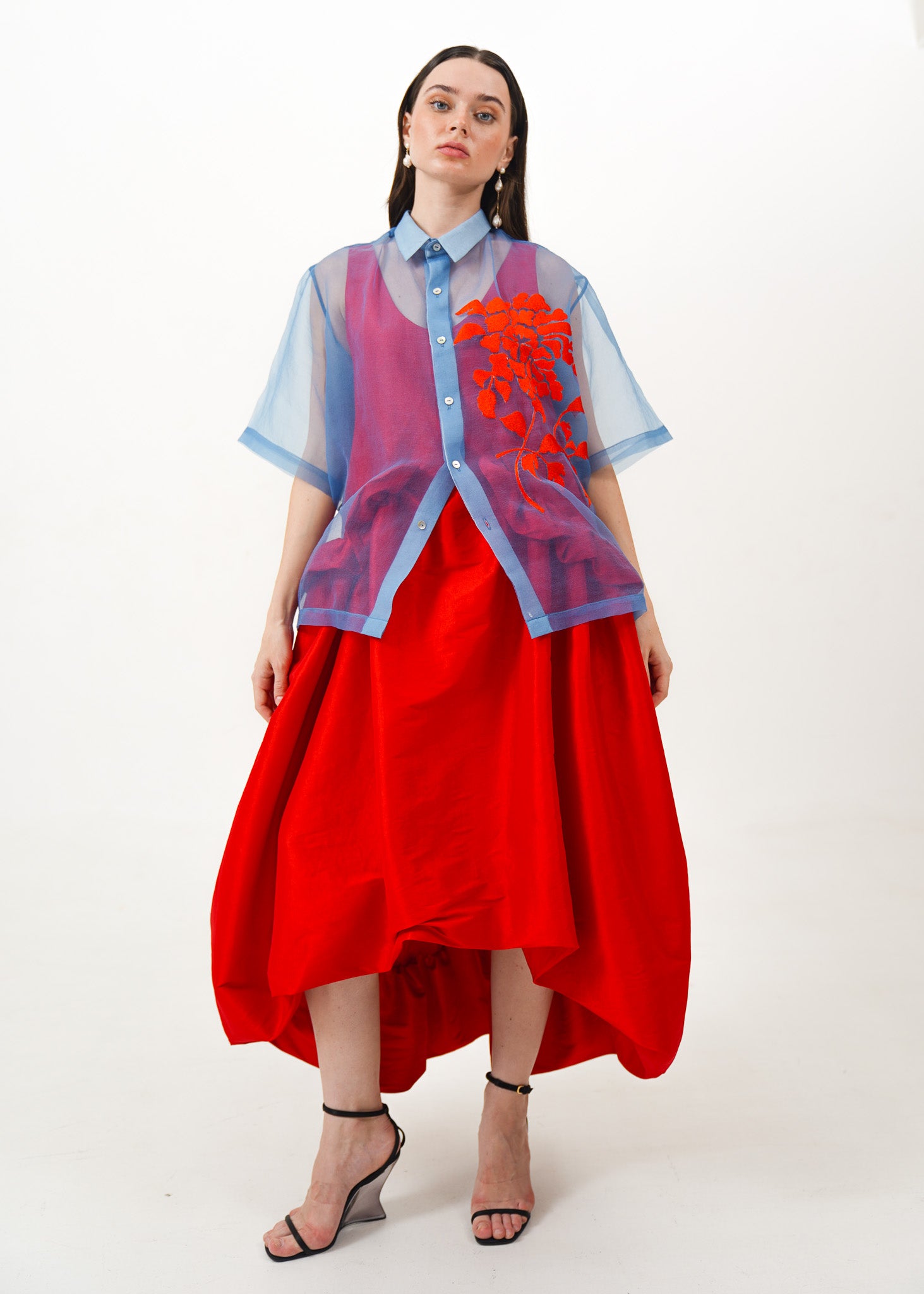 Blue Barong with Red Embroidery