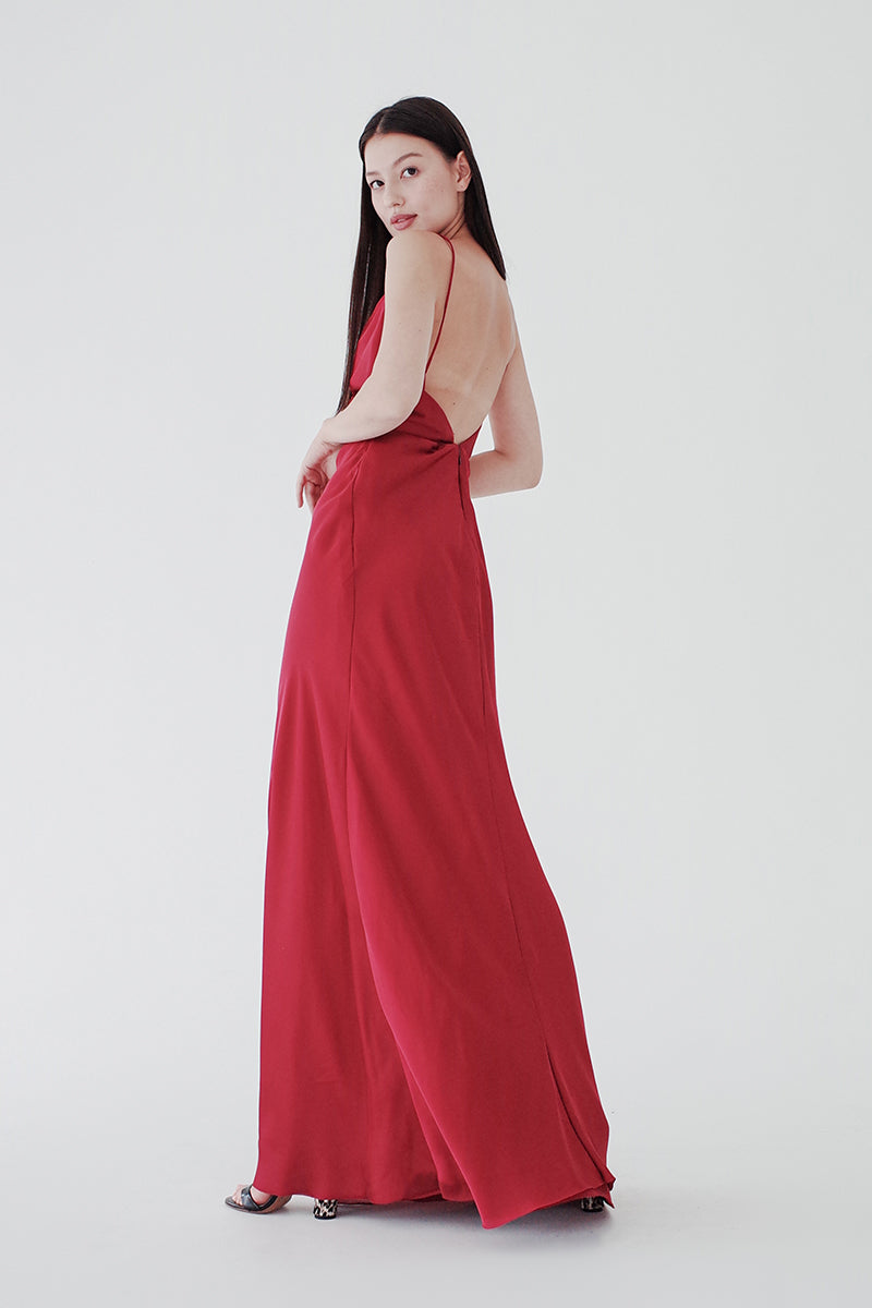 Red Cowl Silk Low Back Dress  VESTIDO