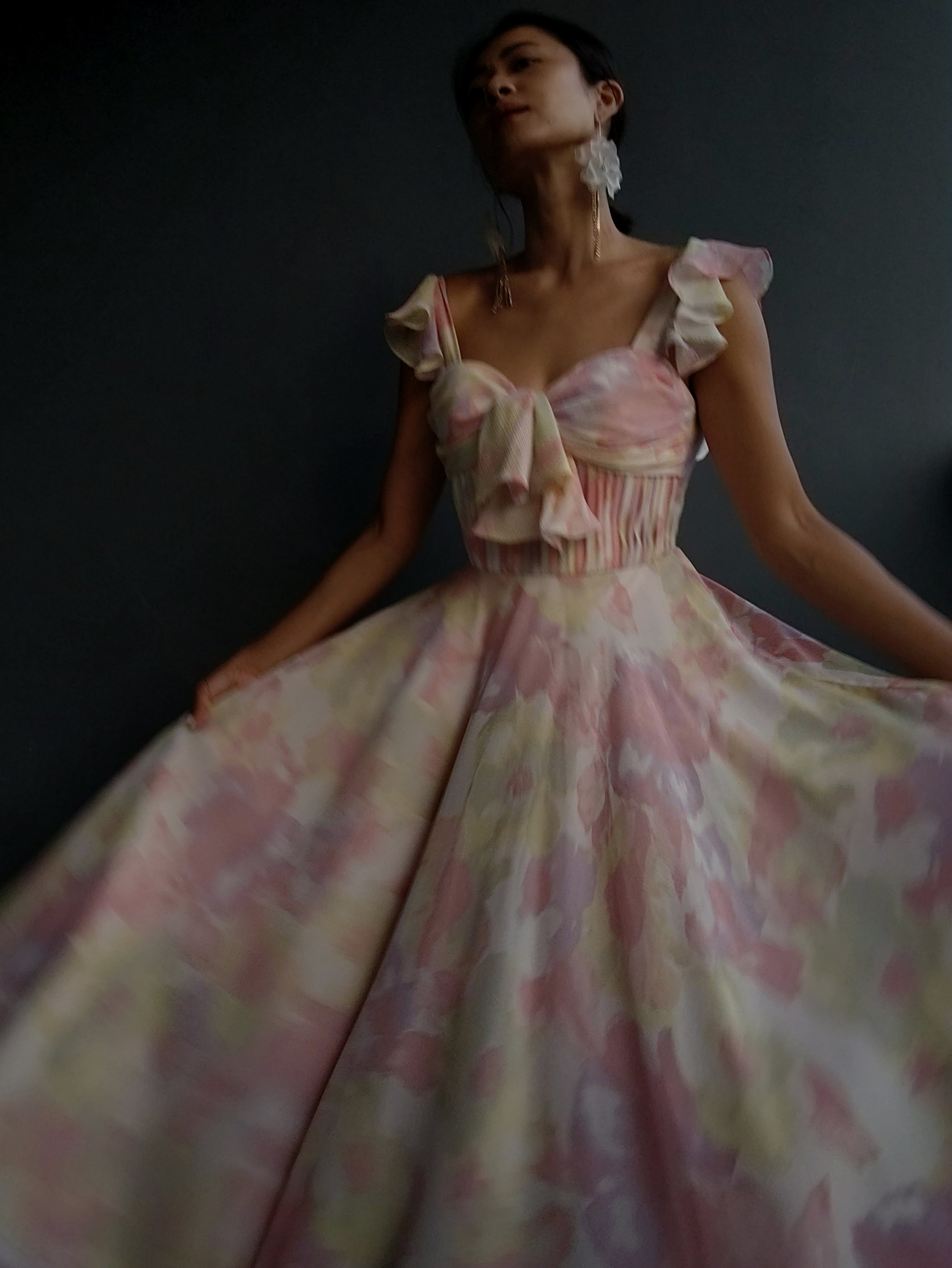 Floral Chiffon Flutter Sleeve Gown