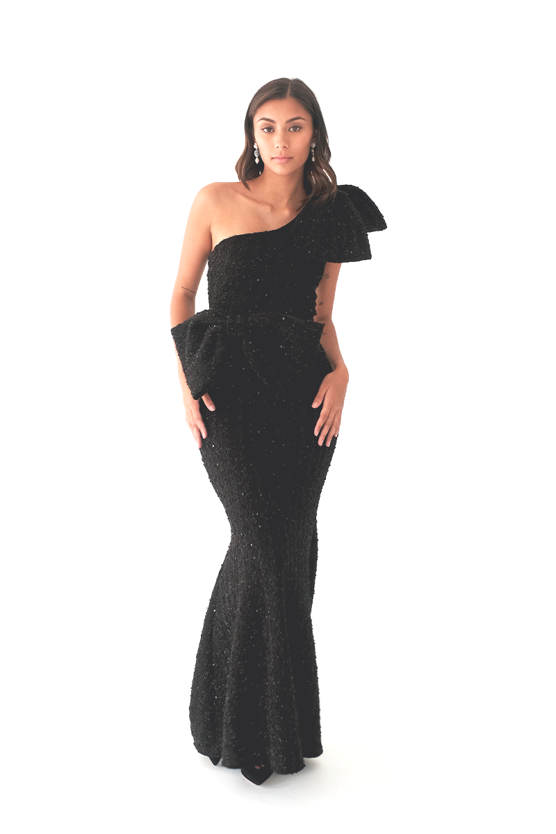 Black Beaded One Shoulder Gown with Bow Details