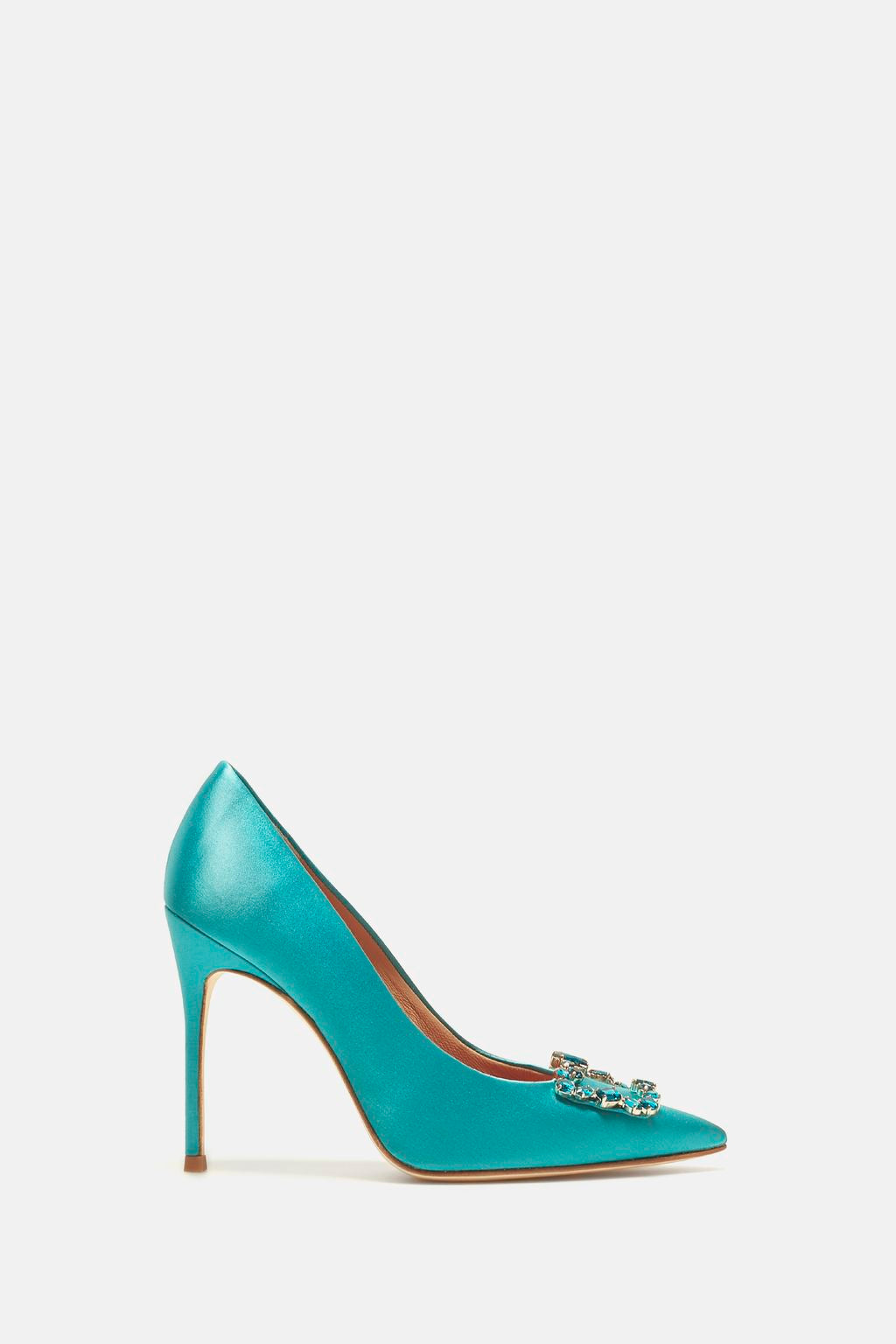 Blue Satin Pumps with Crystal Buckle