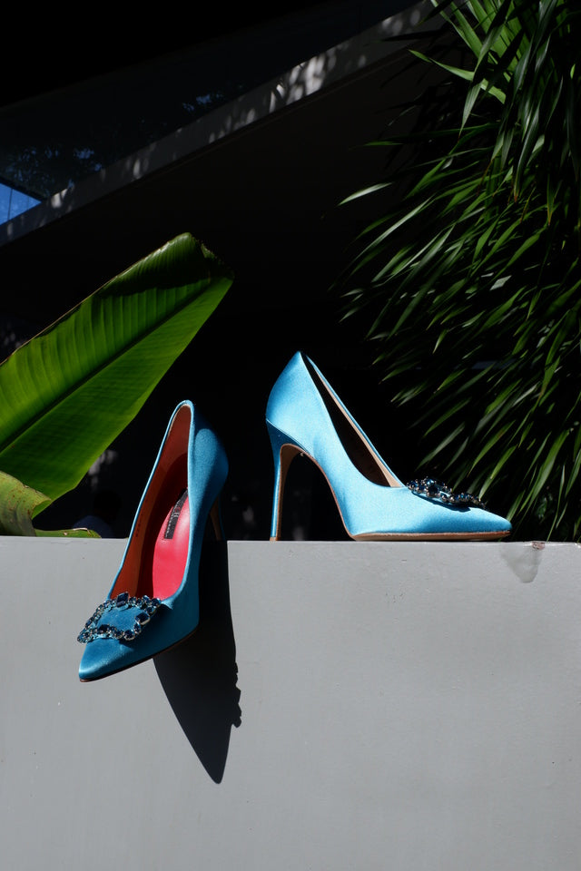 Blue Satin Pumps with Crystal Buckle
