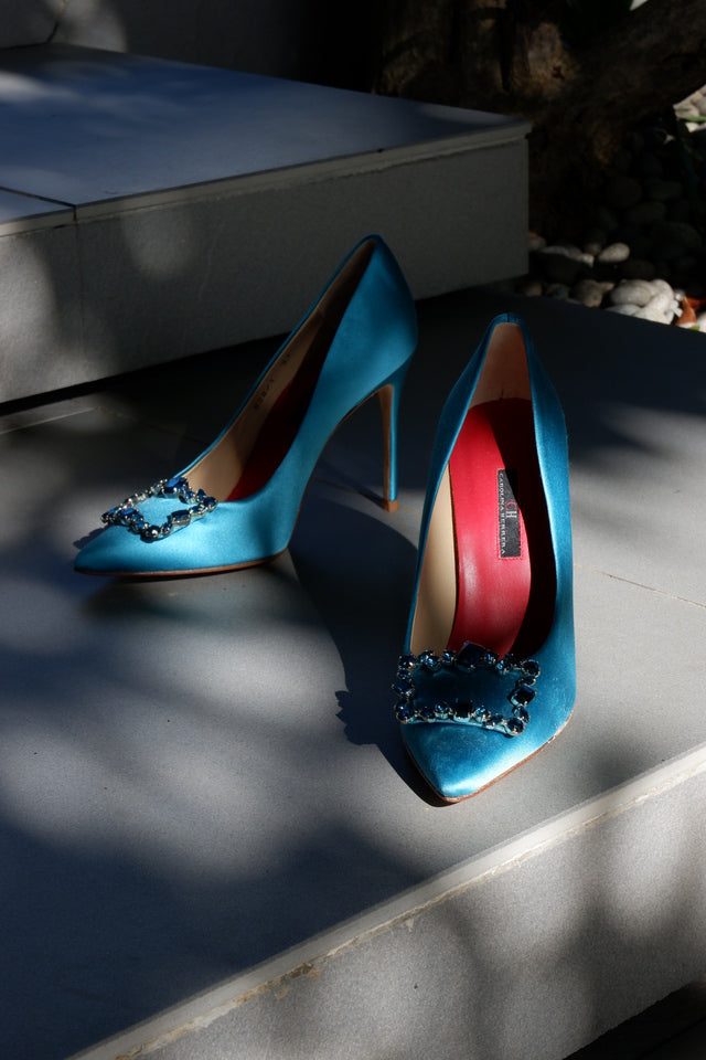 Blue Satin Pumps with Crystal Buckle