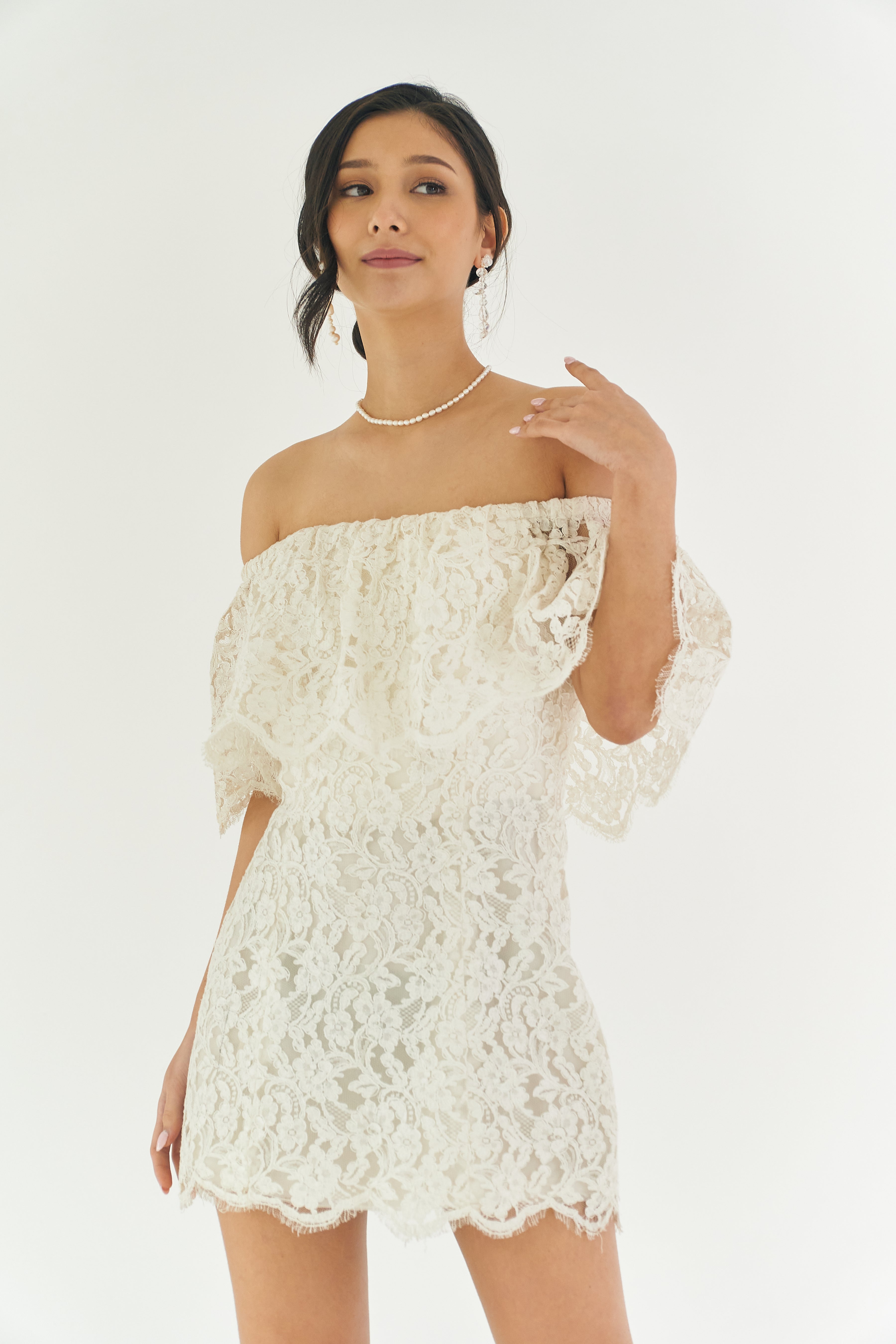 White Lace Off Shoulder Mini Dress