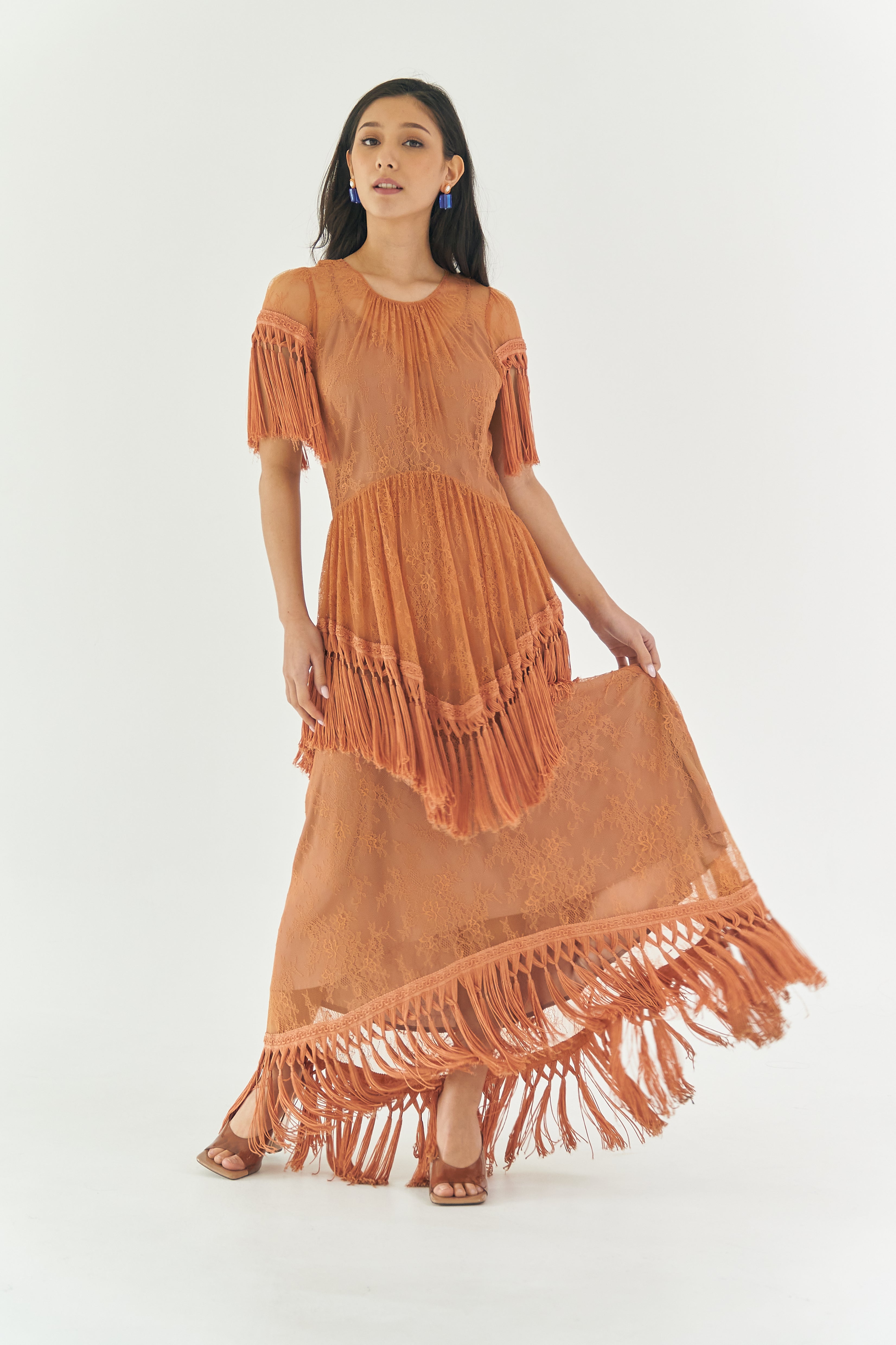 Peach Lace Tassel Dress
