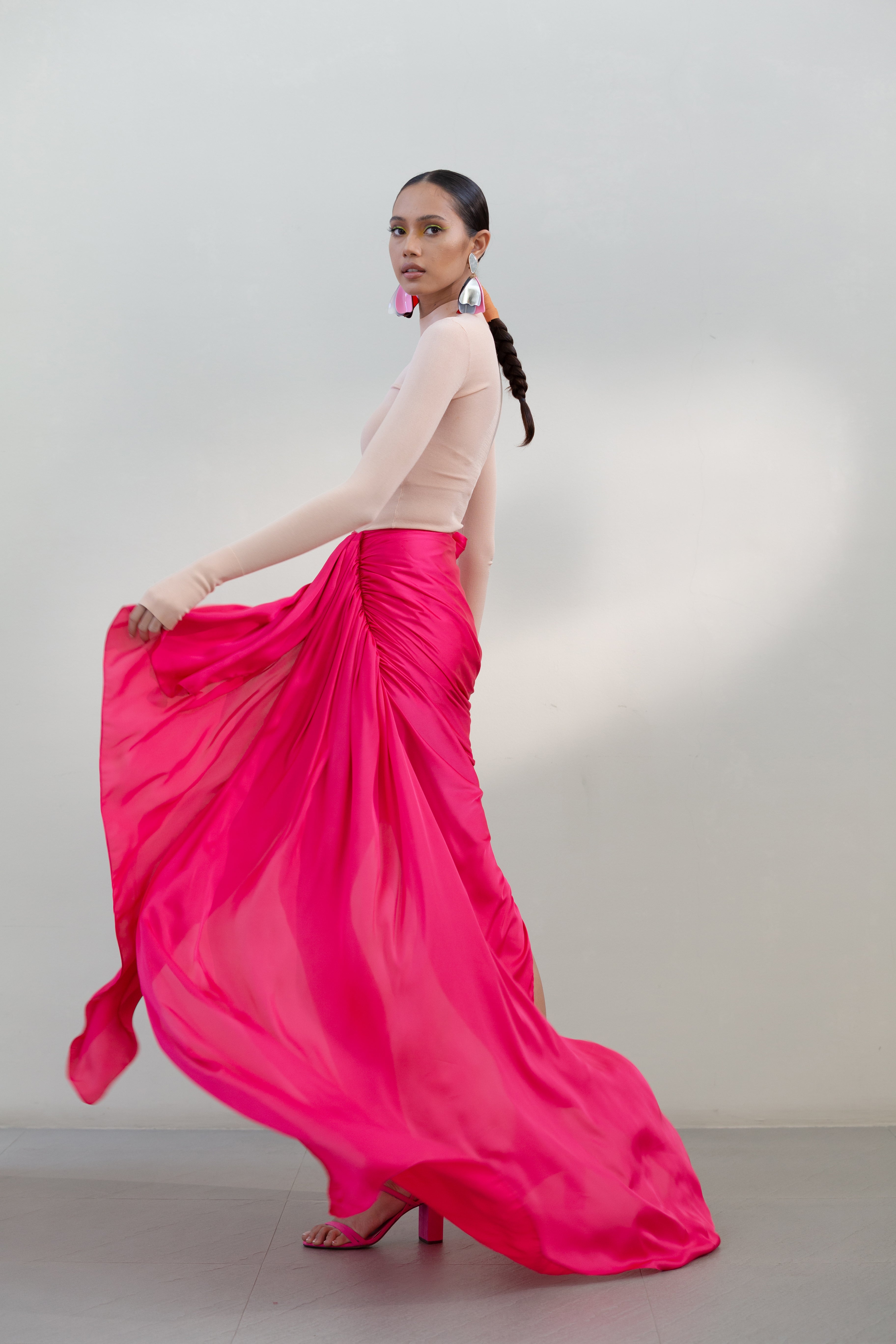 Ruched Hot Pink Silk Skirt