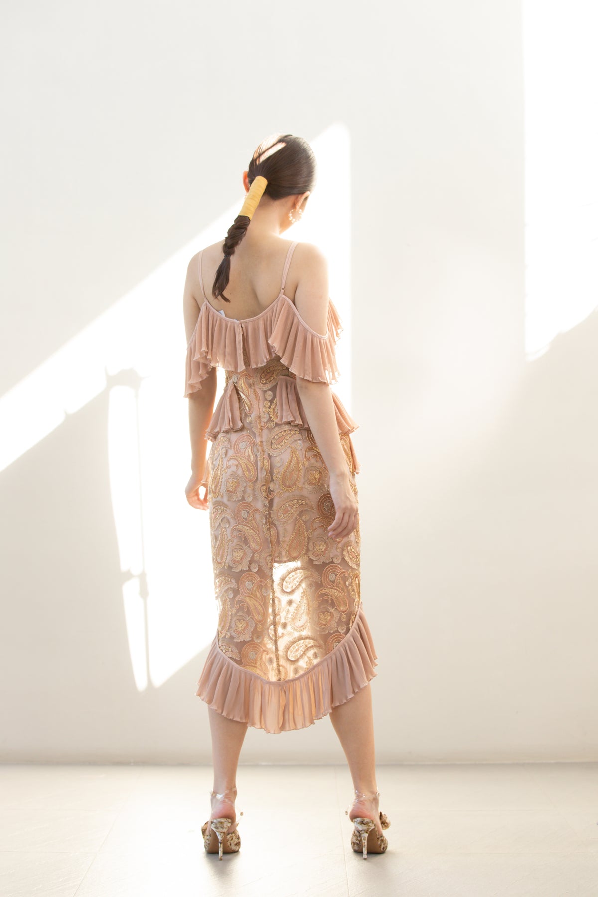 Spaghetti Strap Deep V Ruffled Wrap Midi Dress