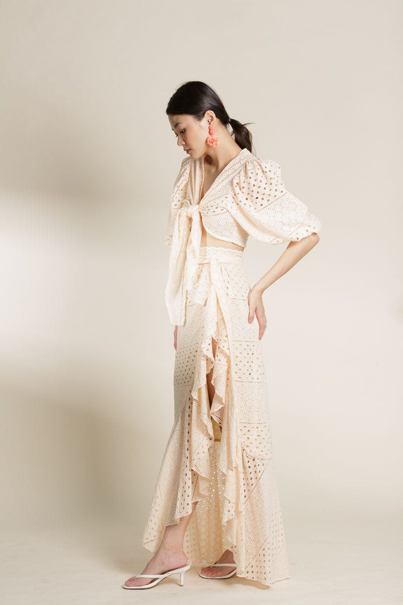 Peach Eyelet Tie Top and Ruffled Skirt Set