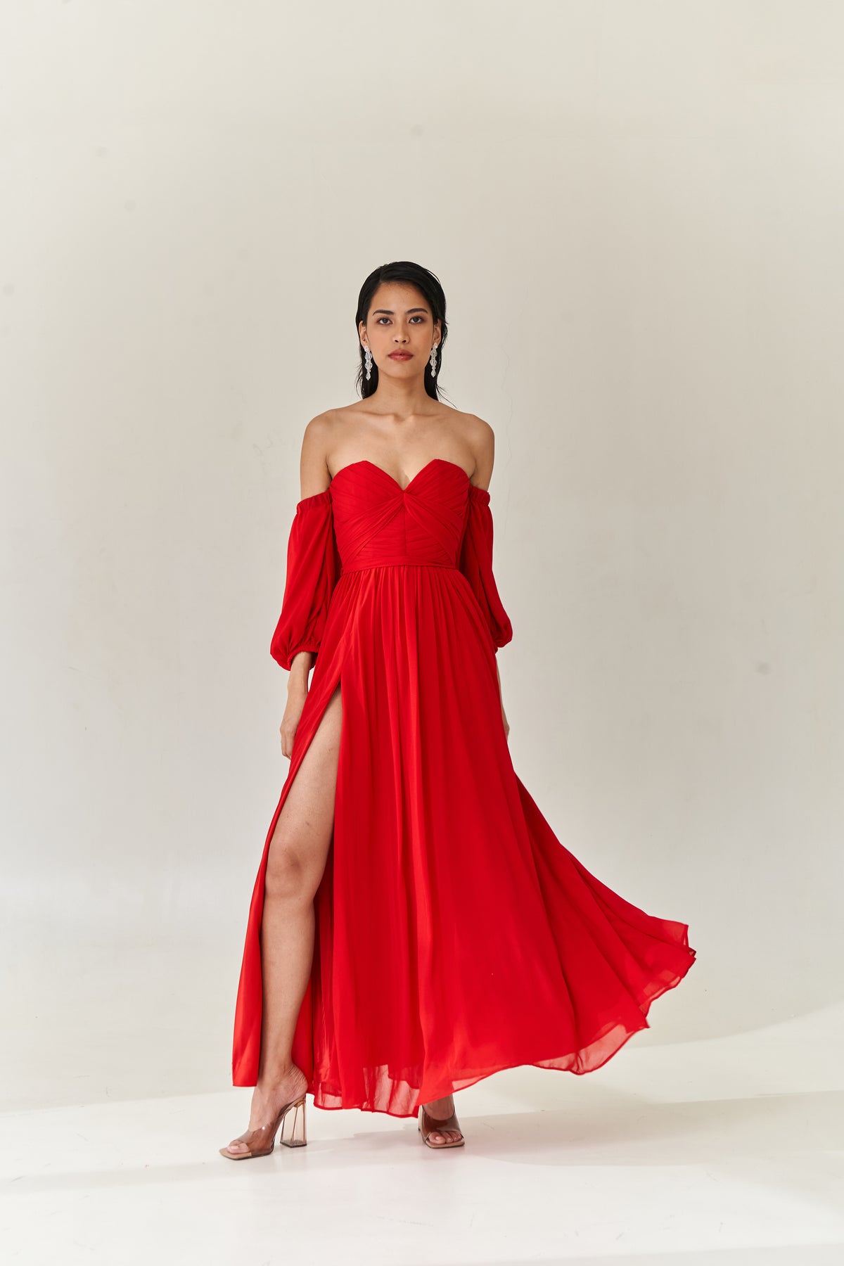Ruby Rd Cold Shoulder Red Cold Shoulder Draped Gown – VESTIDO