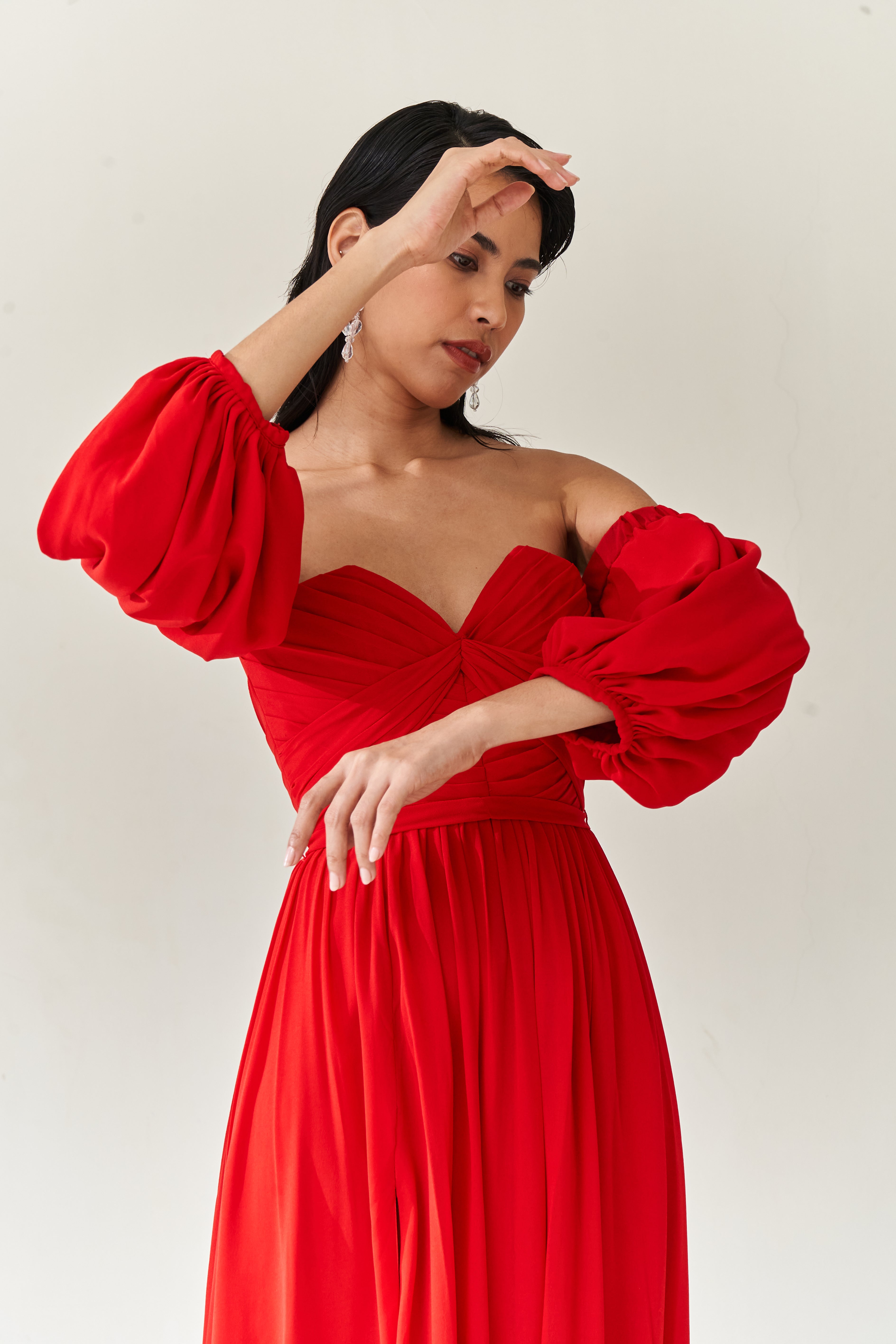 Red Cold Shoulder Draped Gown