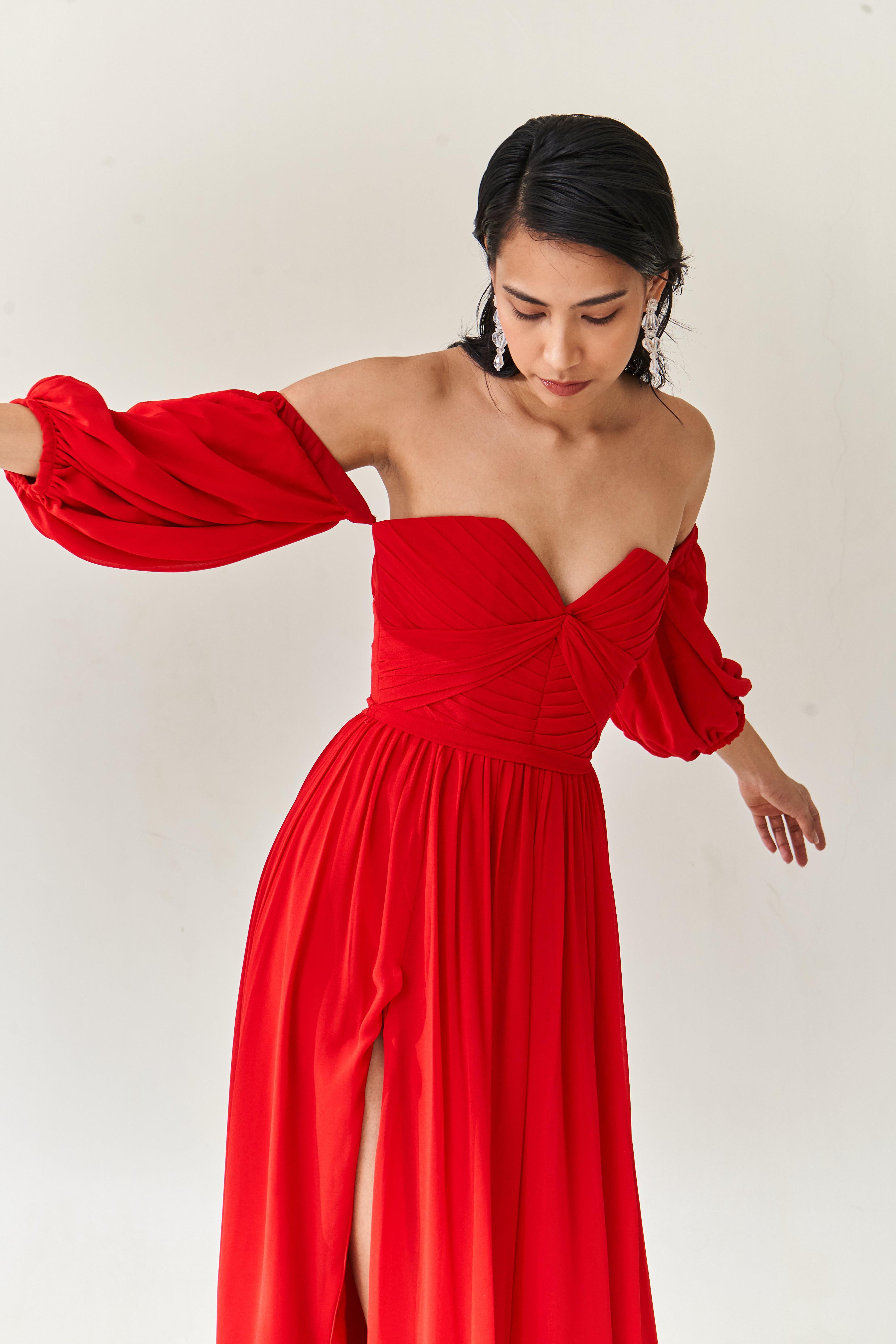 Red Cold Shoulder Draped Gown